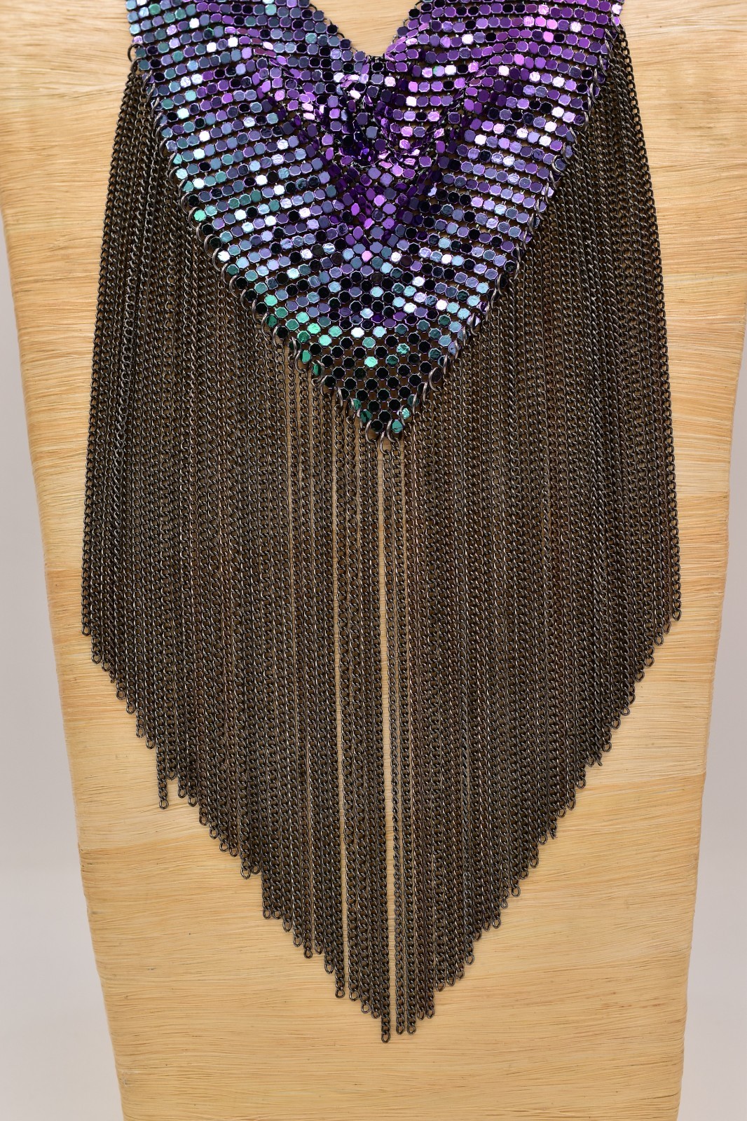 Vintage Purple Iridescent Mesh Fringe Bib Necklace Gunmetal Chainmail 70s BinBC