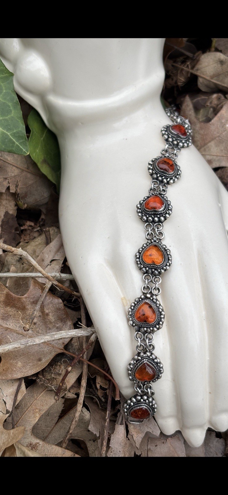 Amber Hearts & Sterling Silver Link Chain Vintage Bracelet 8 In HEAVY 23.5 G