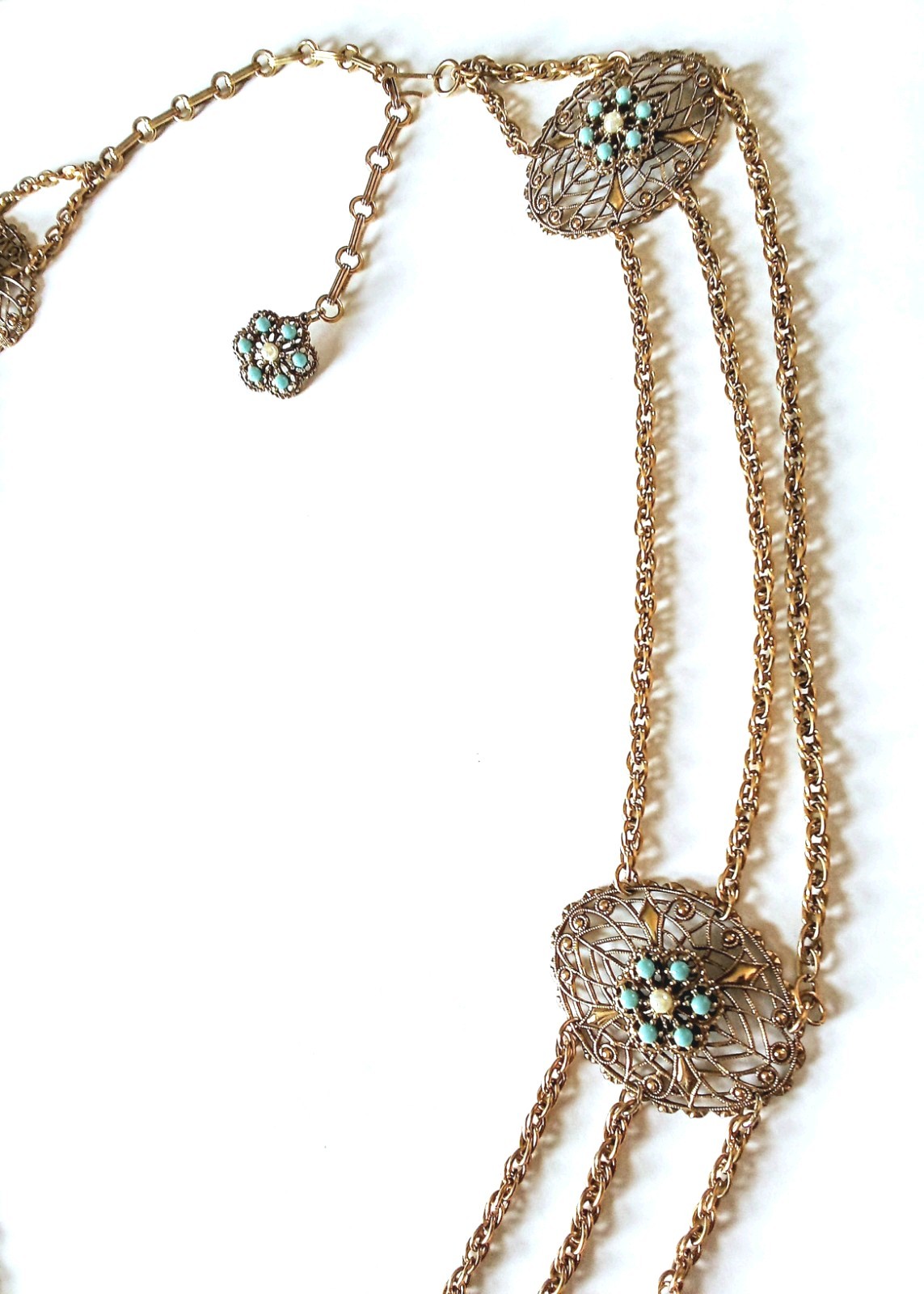 Vintage Gold Tone Chain With Faux Turquoise And Pearl Necklace Or Belt