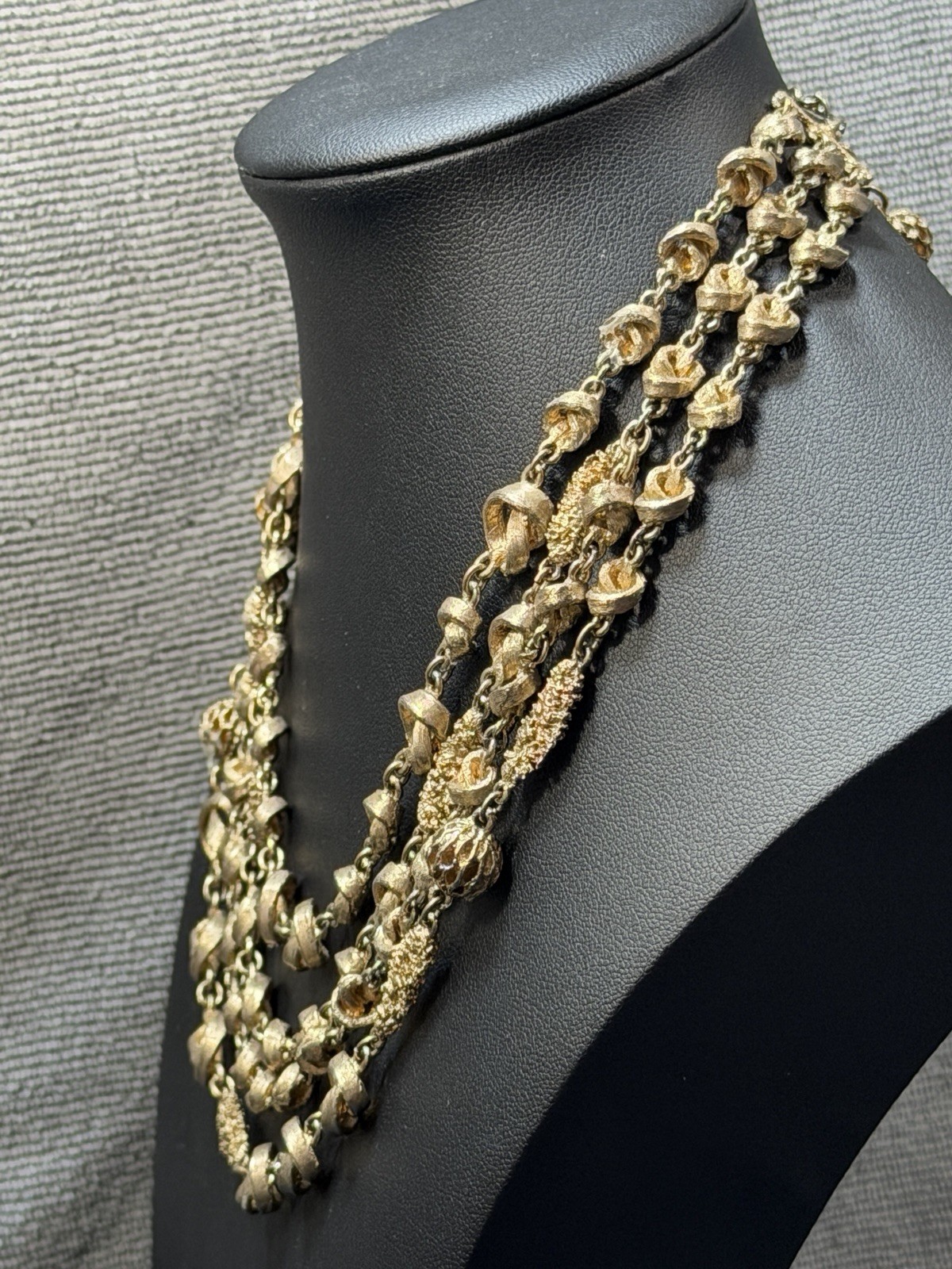 Vintage Knot Filigree Bead Necklace Multi Strand Beaded Gold Tone Acorn Hook