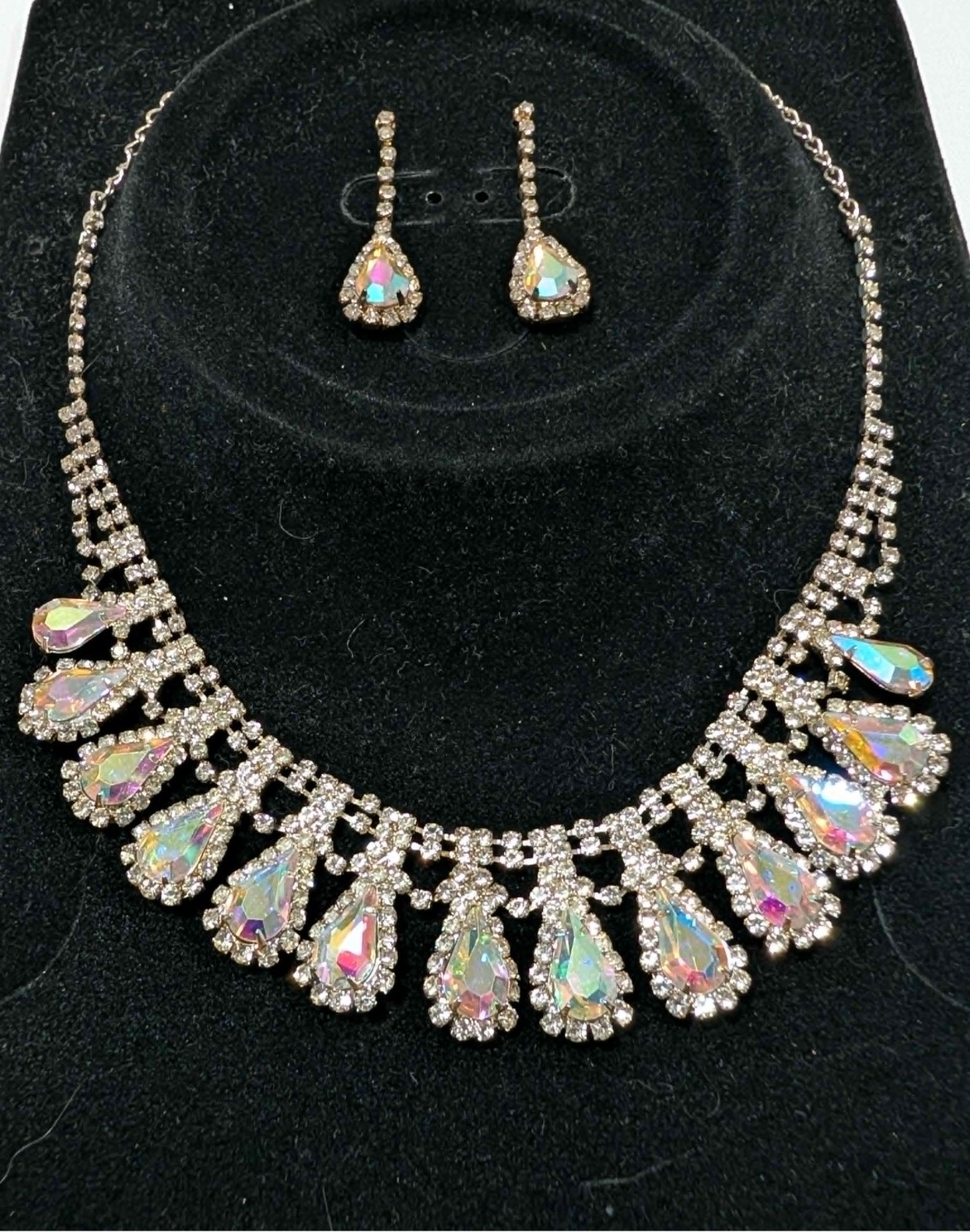 Vintage AB Rhinestone Necklace & Earrings Set Aurora Borealis Silver Tone Bridal