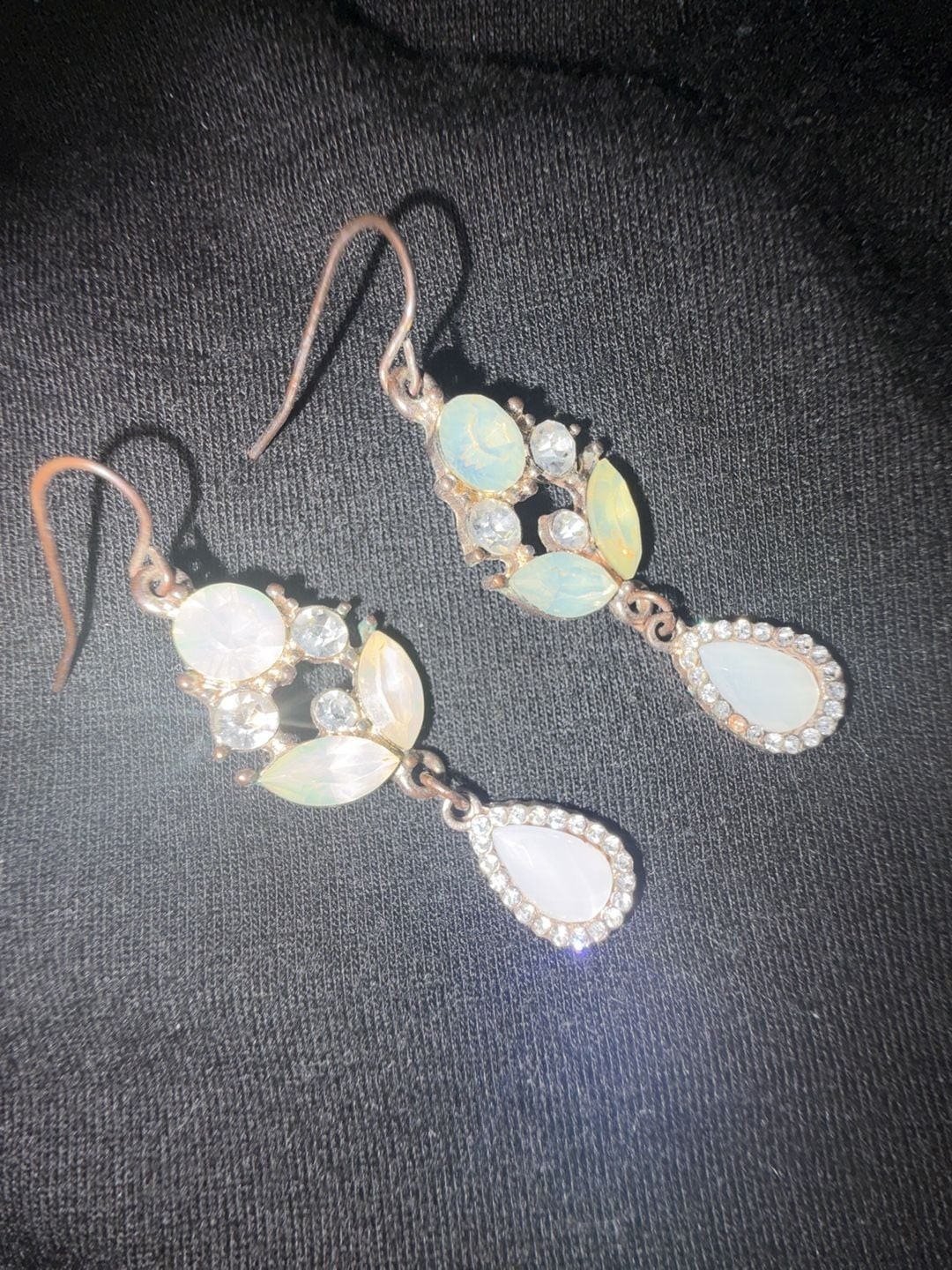Vintage Style Gold-Tone Filigree Dangle Earrings with Faux Opal and Rhinestones