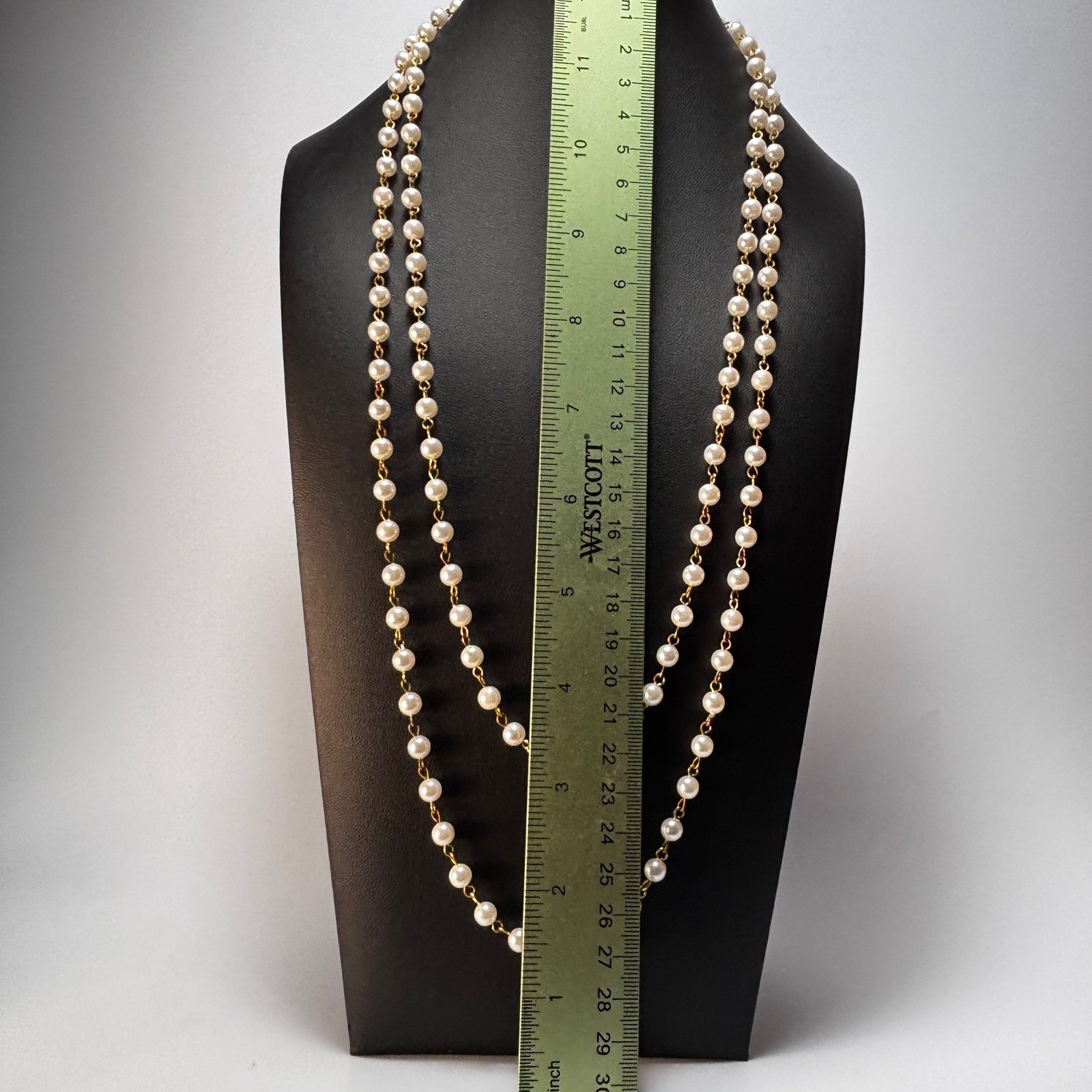 Vintage Necklace Gold Tone Double Strand Faux Pearl Gorgeous Rhinstone Clasp