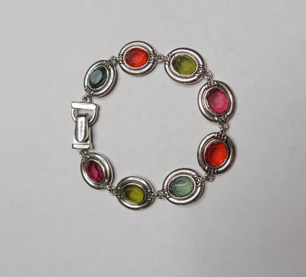 Vintage Beautiful Silver Tone Multi-Colored Crystal Link Magnetic Clasp Bracelet