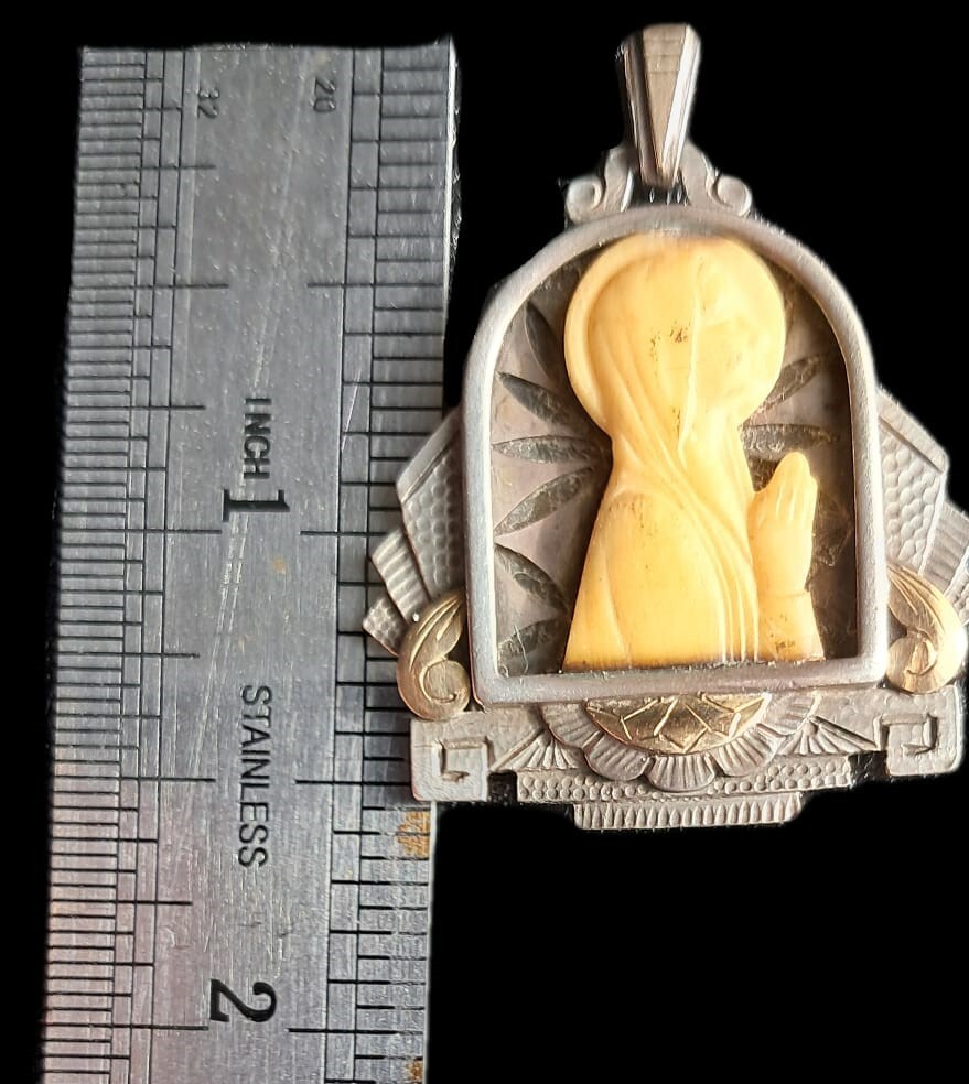 Fine Antique Art Deco Silver & Gold Madonna in Sorrow Virgin Mary Pendant C 1930