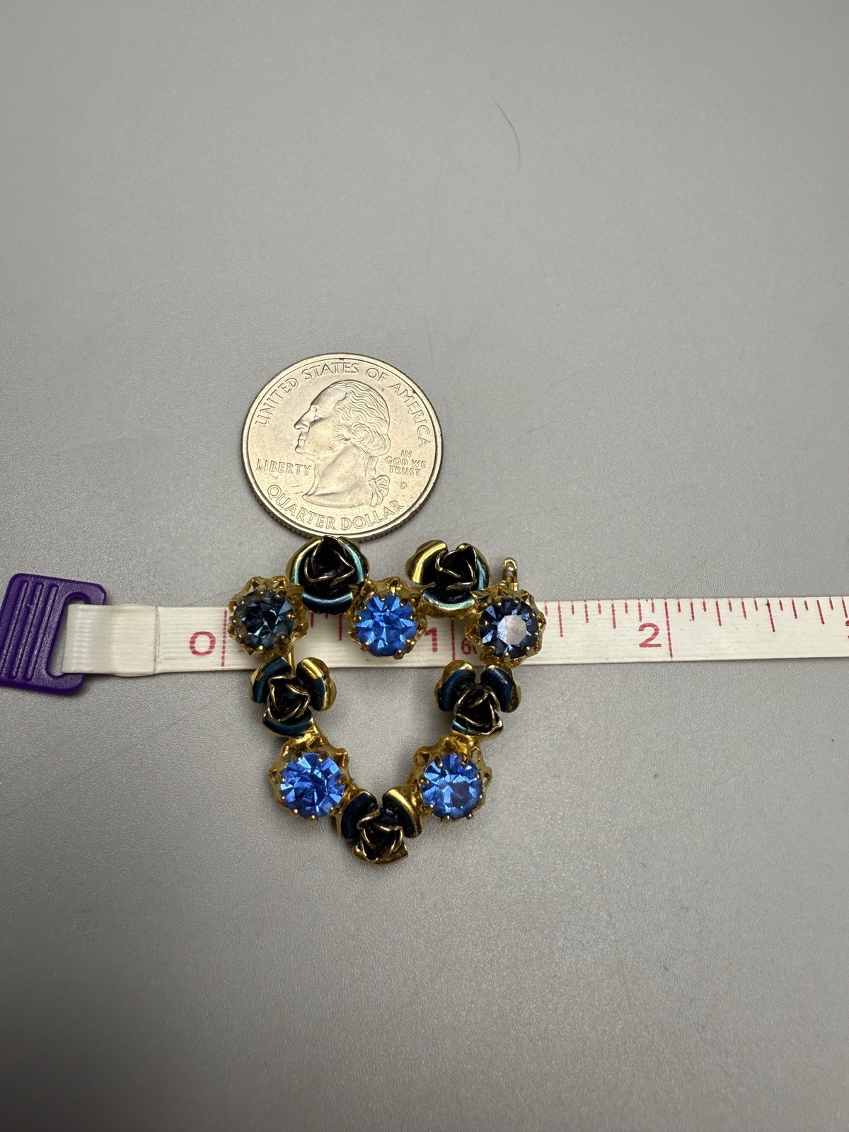 Austrian Brooch Blue Rhinestones Enamel Roses Prong Set Gold Tone Metal VTG