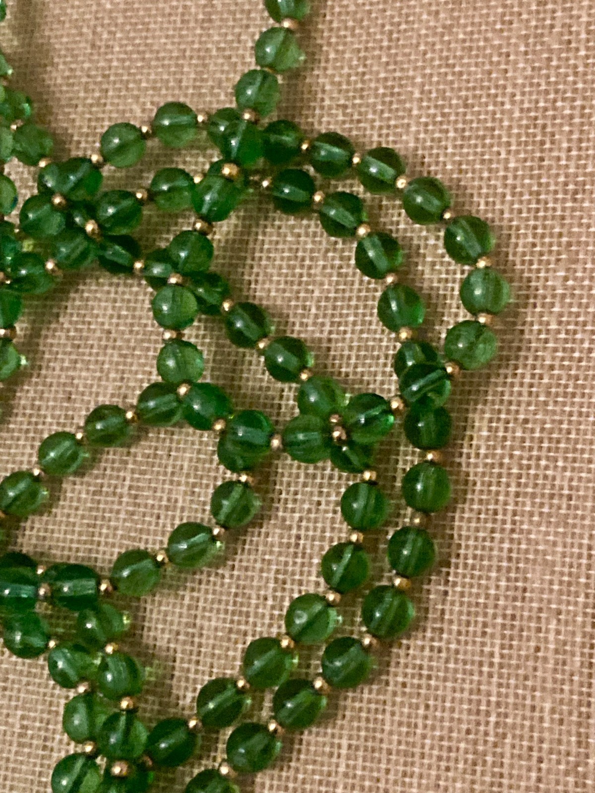 Vintage Glass Beaded Necklace Green Gold Tone 59″ Flapper