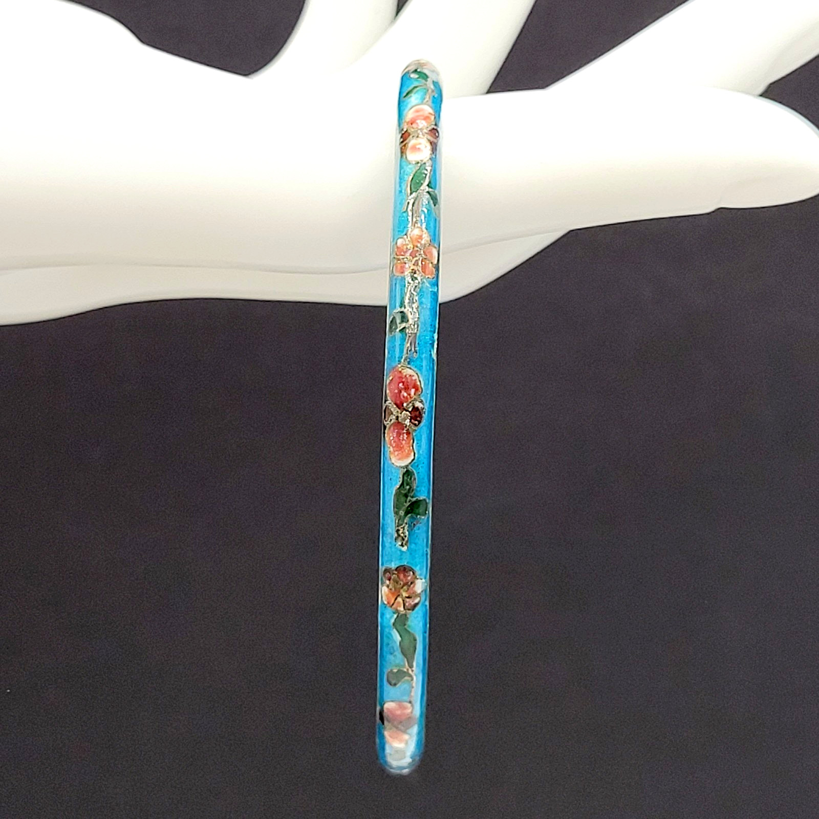 Cloisonné Light Blue Enamel Floral Hand Painted Asian Inspired Bangle Bracelet