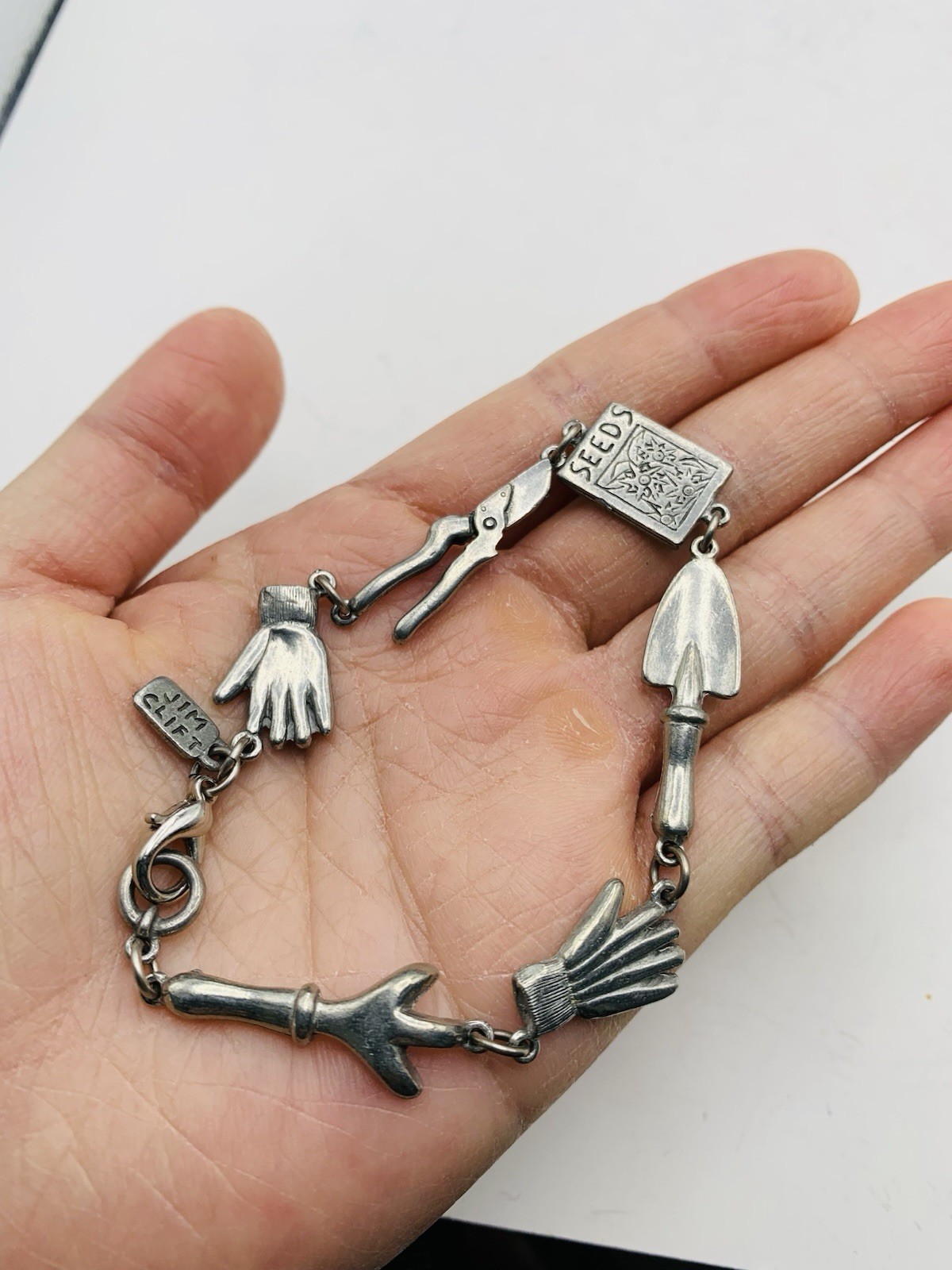 Vintage 7″ Signed Jim Clift Pewter USA Silver Tone Gardening Charm Bracelet