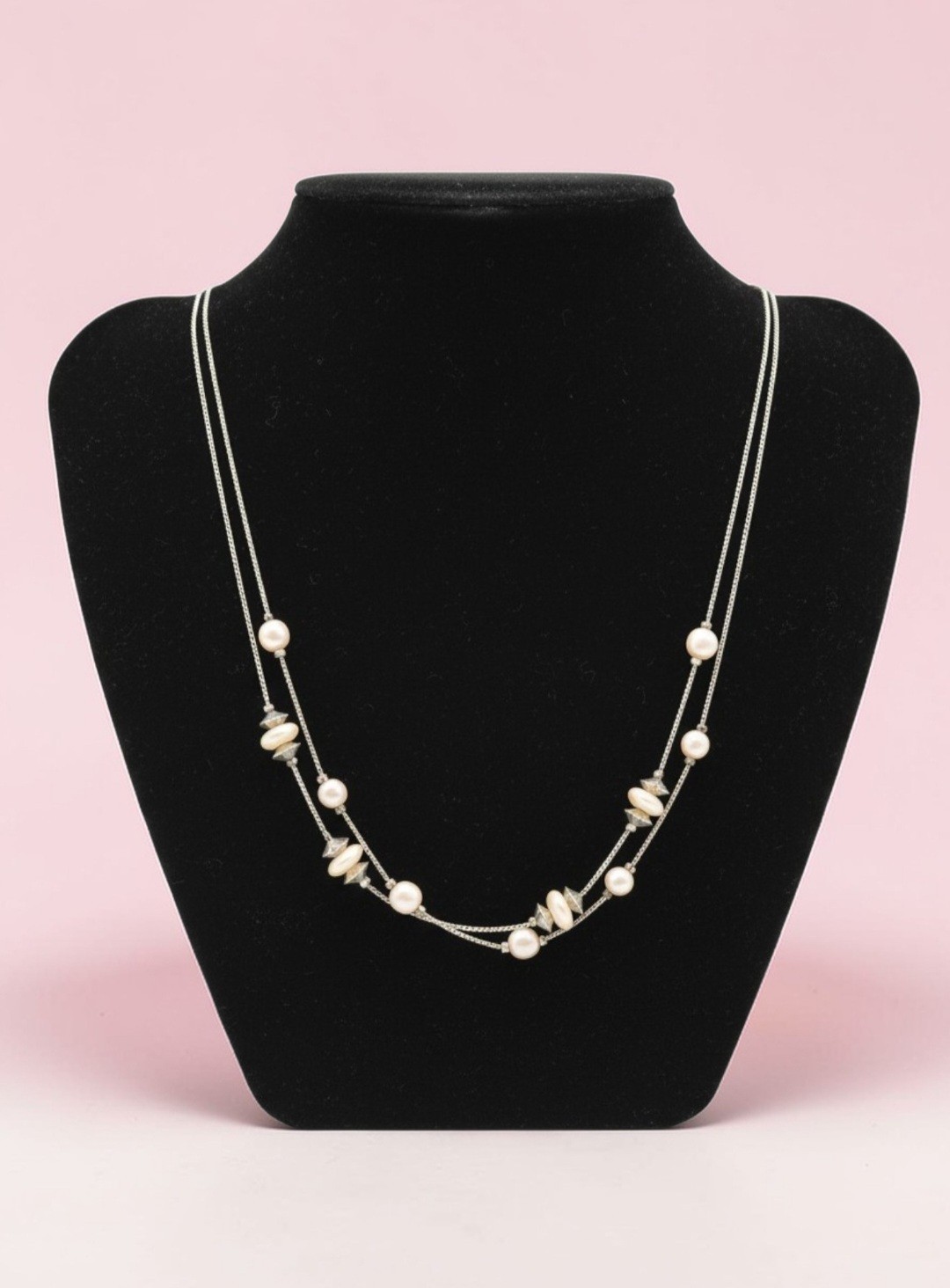 18″ Double Strand Gold-toned Chains W/Light-Colored Beads With Spacers Necklace
