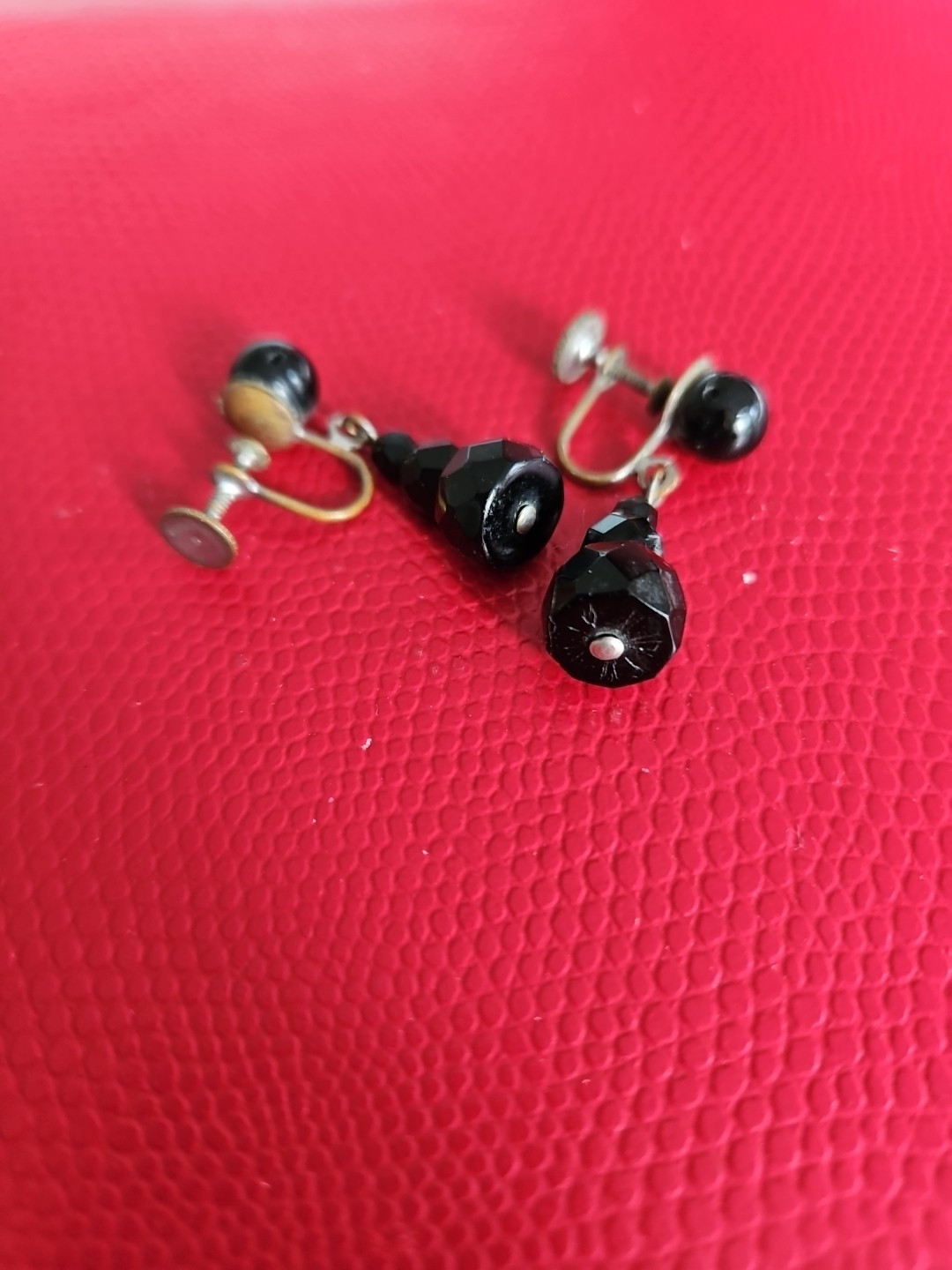 Victorian Antique Jet Polished Faceted Balls Dangling Screw Earrings