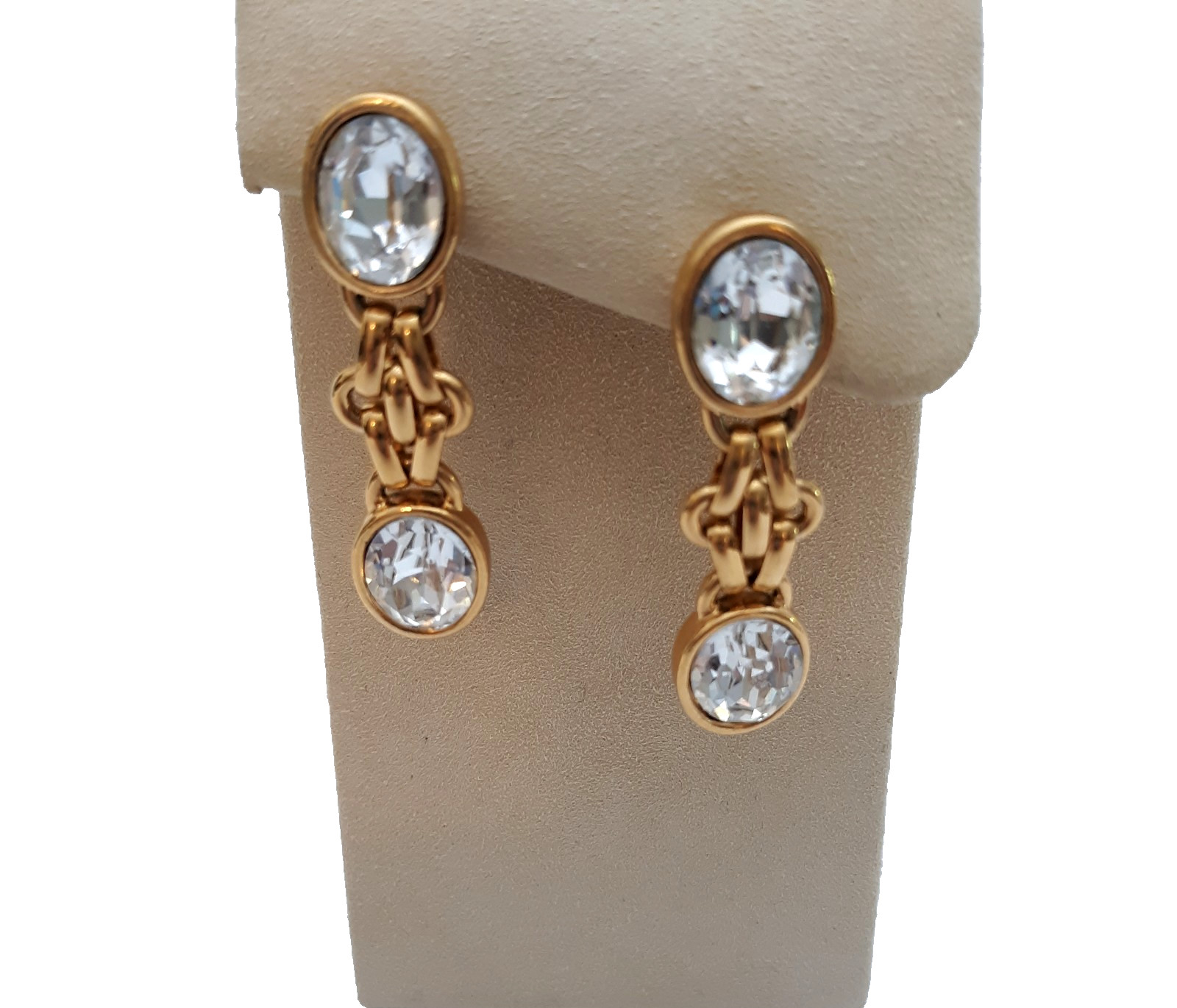 Vintage Chain Dangle Earrings Double Faceted Rhinestones Gold Tone Pierced