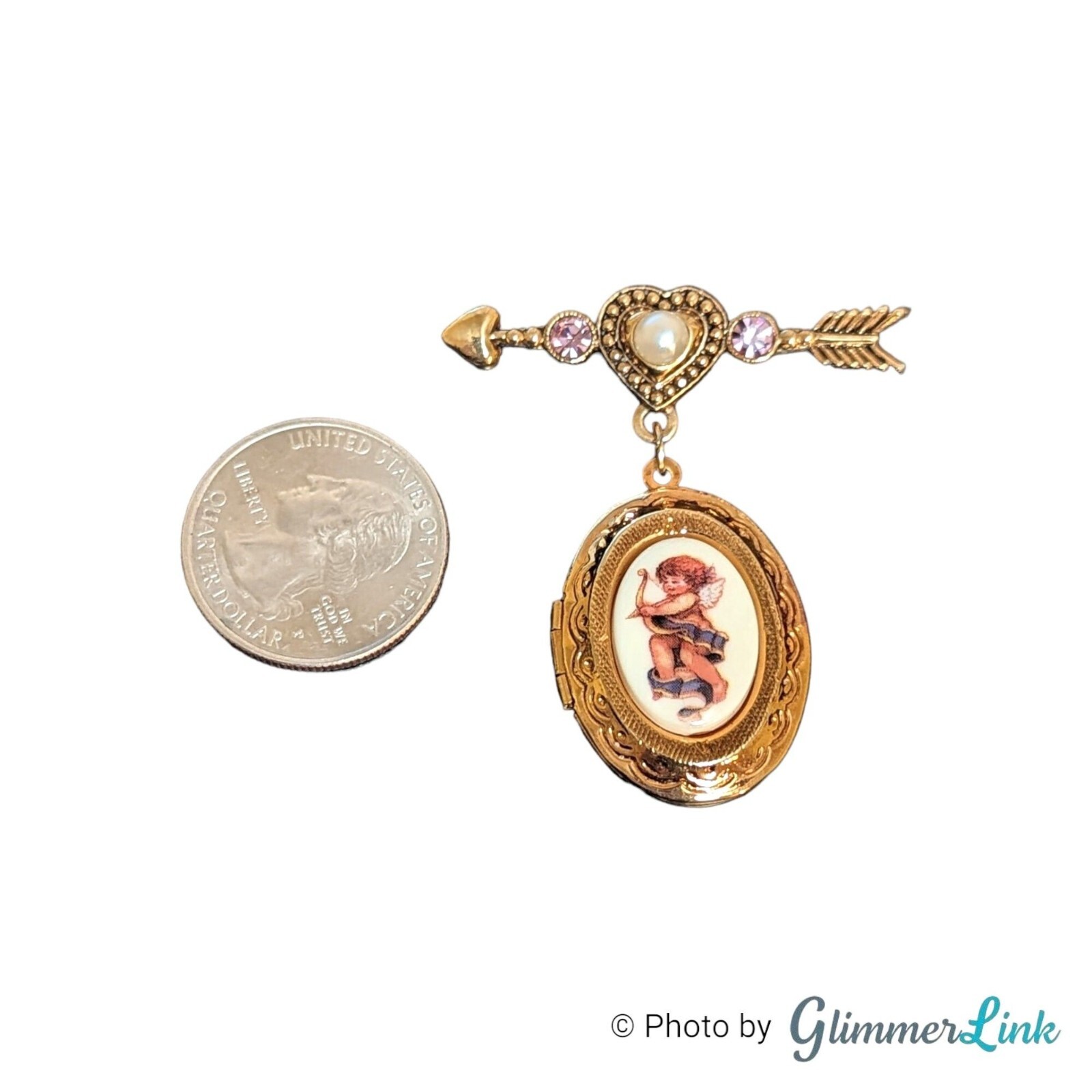 Avon 90s Cherished Moments Cupid Arrow Heart Locket Dangle Brooch Pin
