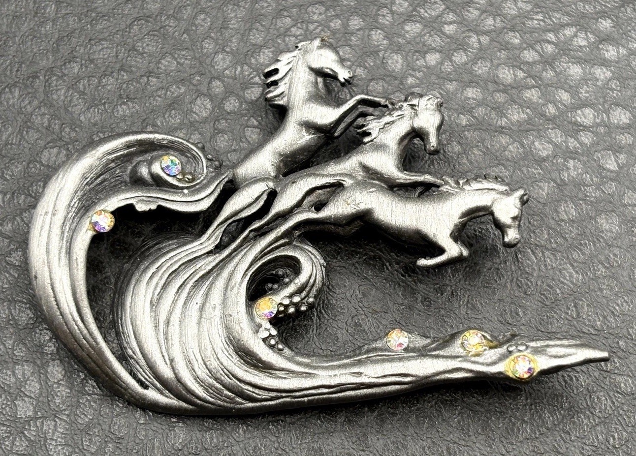 VTG Horses Riding Waves Equestrian AJC Pewter Aurora Borealis Crystal Brooch Pin