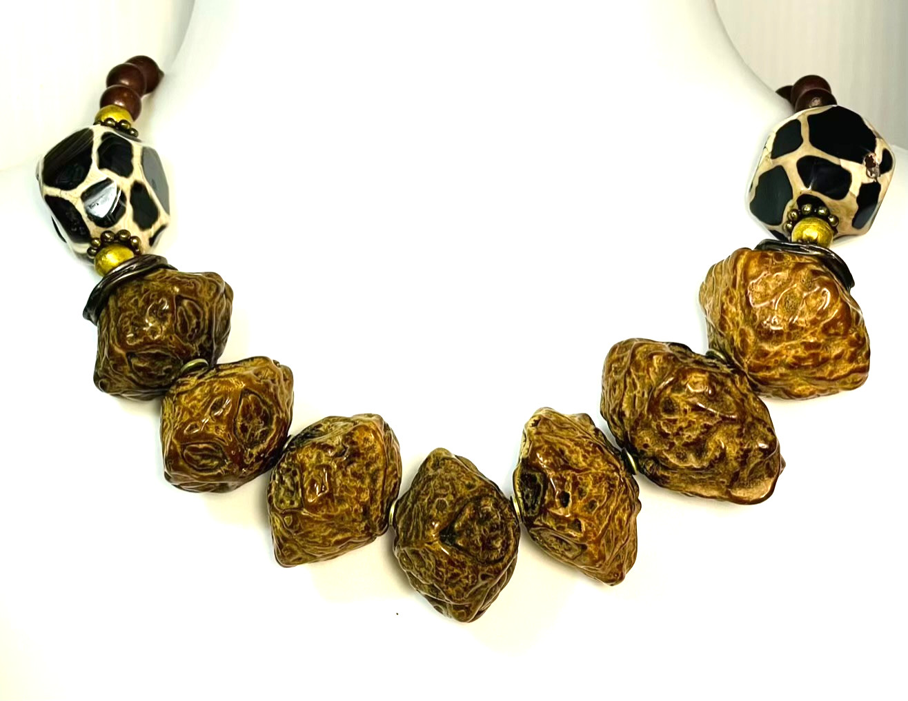 Paldao Dracontomelon Seeds & Honeycomb Agate Necklace Wire Clasp Artisan Vintage