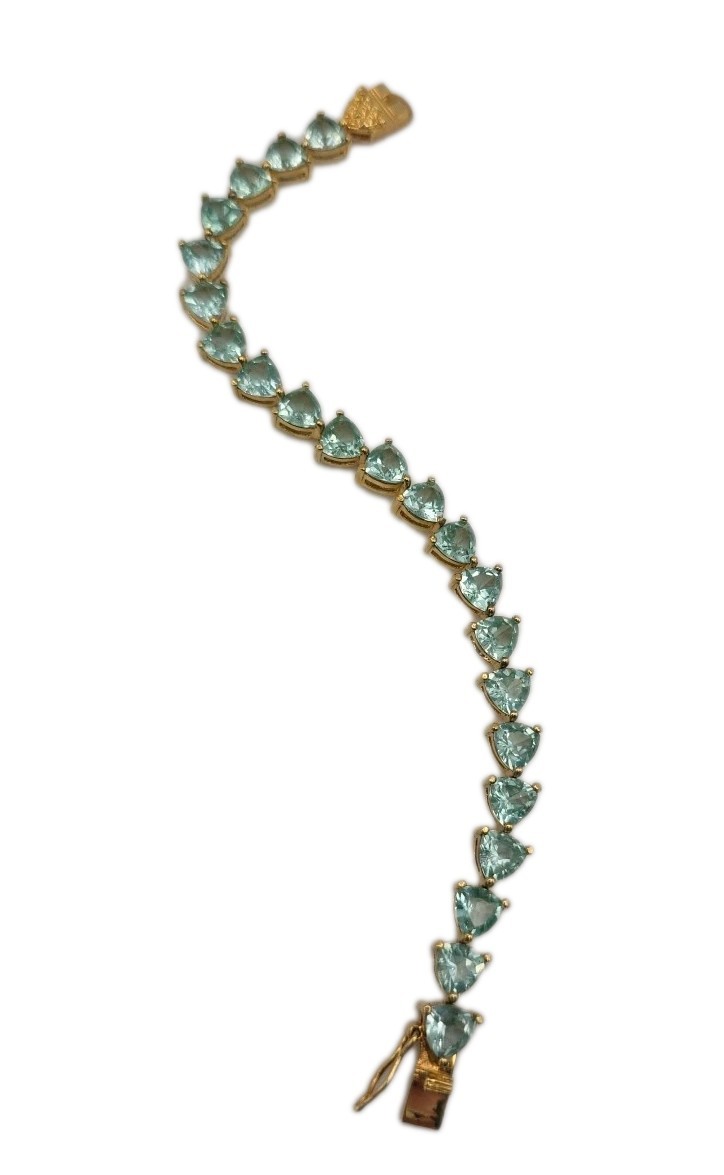 Aqua Blue Green Gold Vermeil Trillion Cut Faux Aquamarine Tennis Bracelet 6.75″