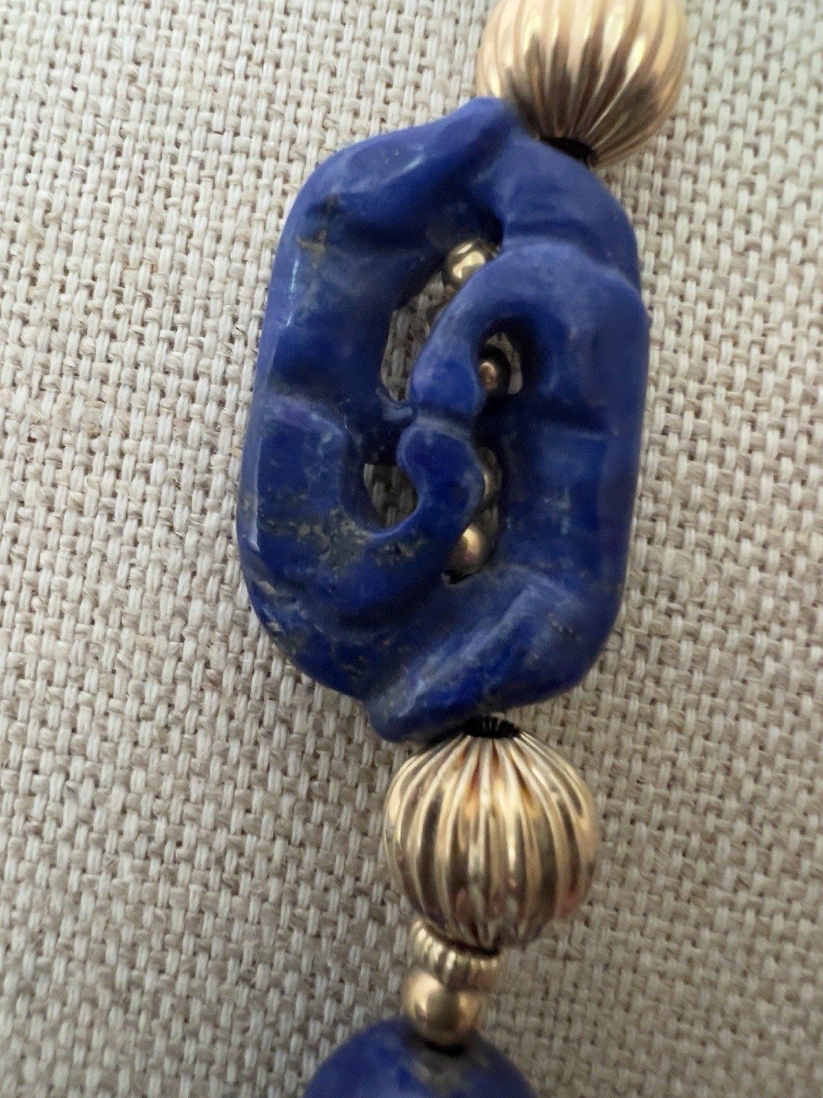 Vintage Lapis Lazuli and 14K Beads Hand Knotted 30” Necklace With Figural Beads