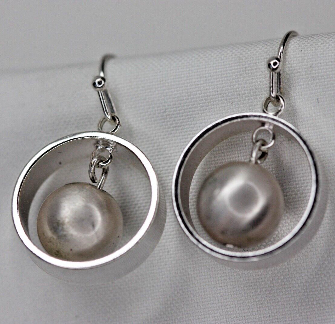 Silver Tone Floating Faux Pearl Bead Dangle Drop Hoop Earrings