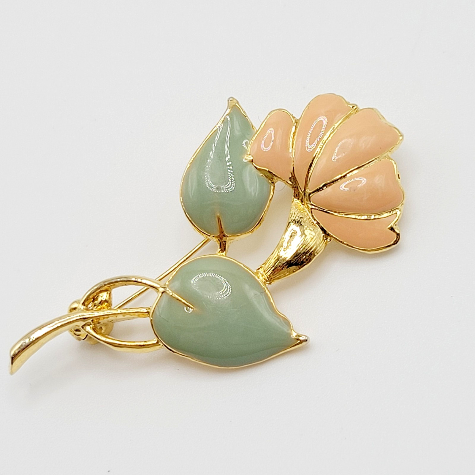 MCJ Poppy Peony Broad Blossom Flower Peach Light Green Enamel Gold Tone Brooch