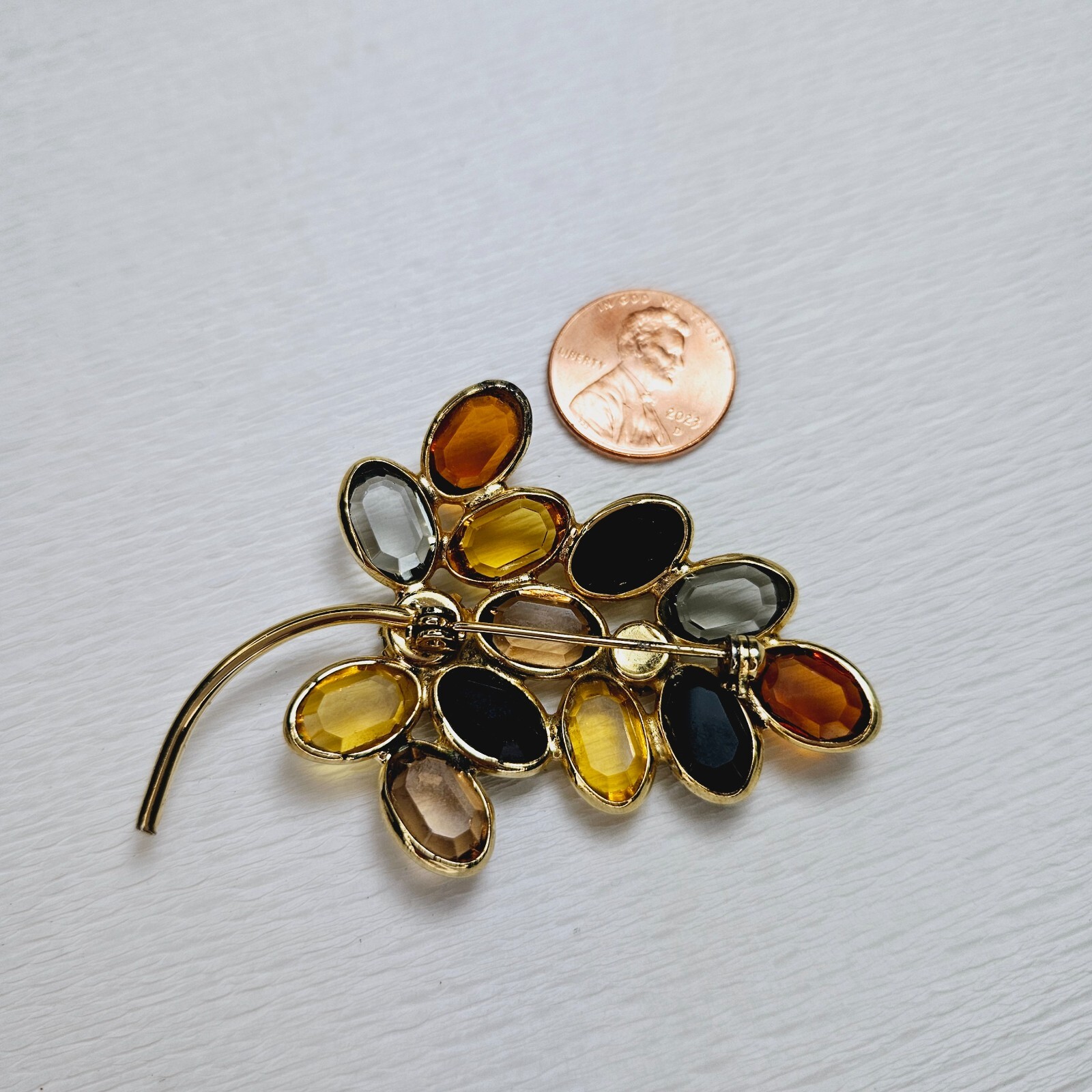 Vintage Fall Brown Colors Leaf Branch Shaped Open Back Stones Brooch
