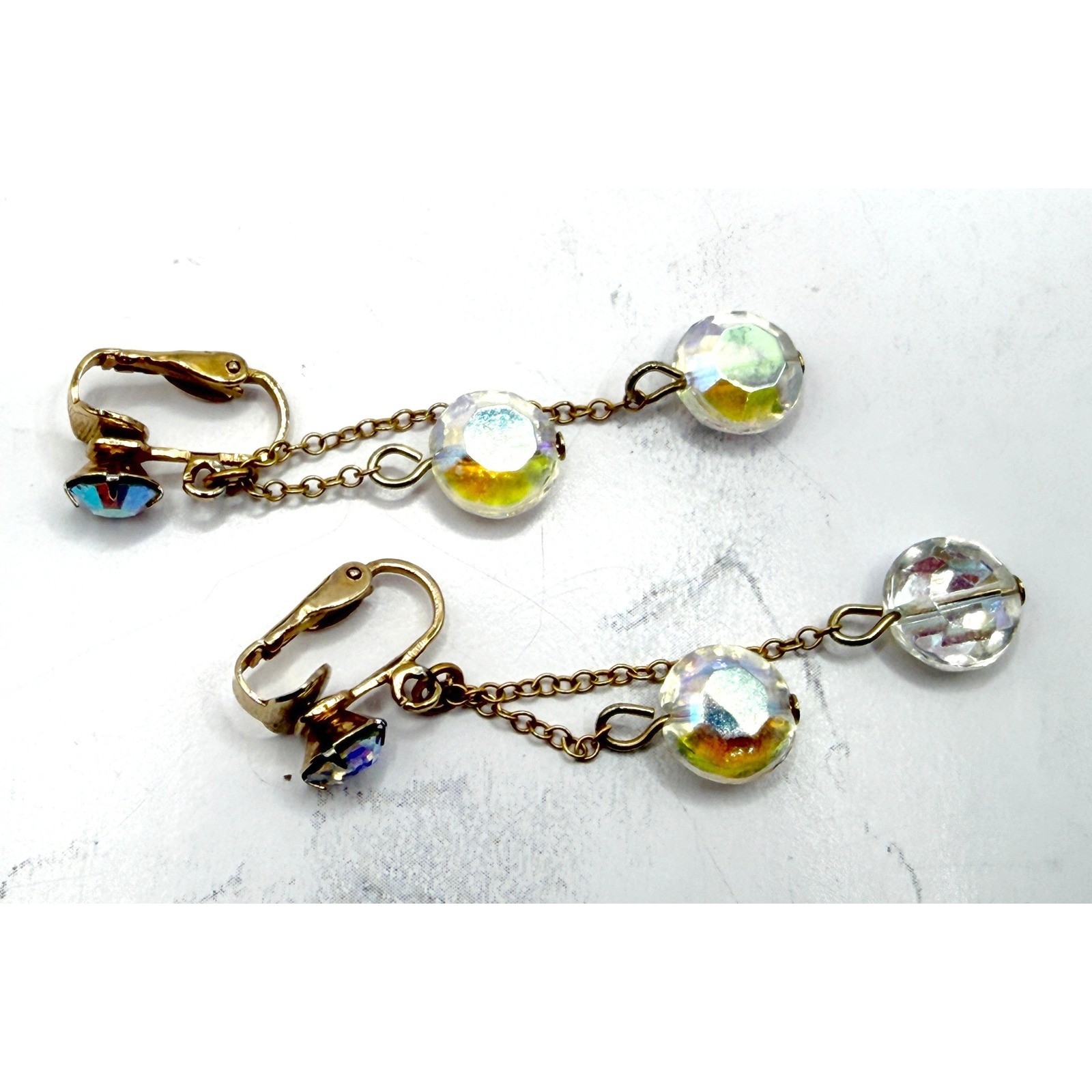 Vintage Gold Tone AB Crystal Adjustable Dangle Clip On Earrings