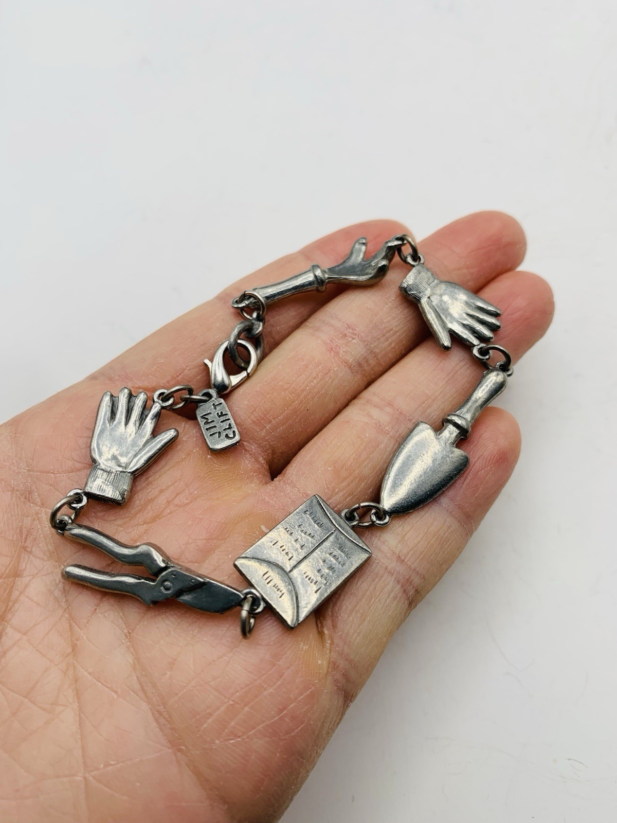 Vintage 7″ Signed Jim Clift Pewter USA Silver Tone Gardening Charm Bracelet