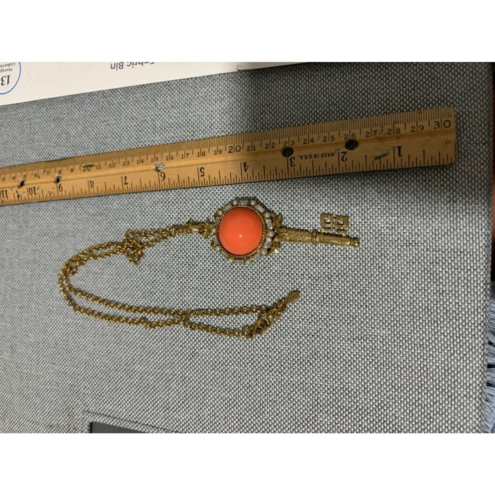 Kenneth Jay Lane Signed Key Necklace with Orange Cabason, Rhinestones and Pearls