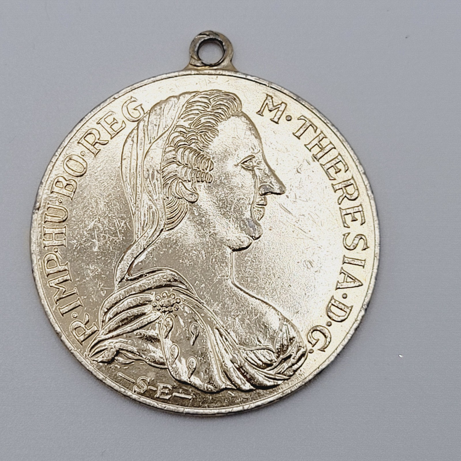 Maria Theresa Replica Token Medallion Coin Pendant Gold Tone Attached Bail