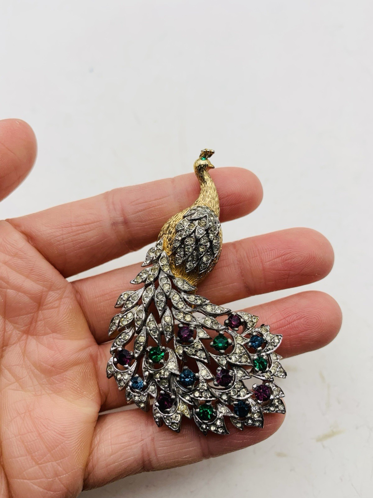 Vintage Signed Panetta Peacock Bird Crystal Gold Tone Blue Purple Green Brooch
