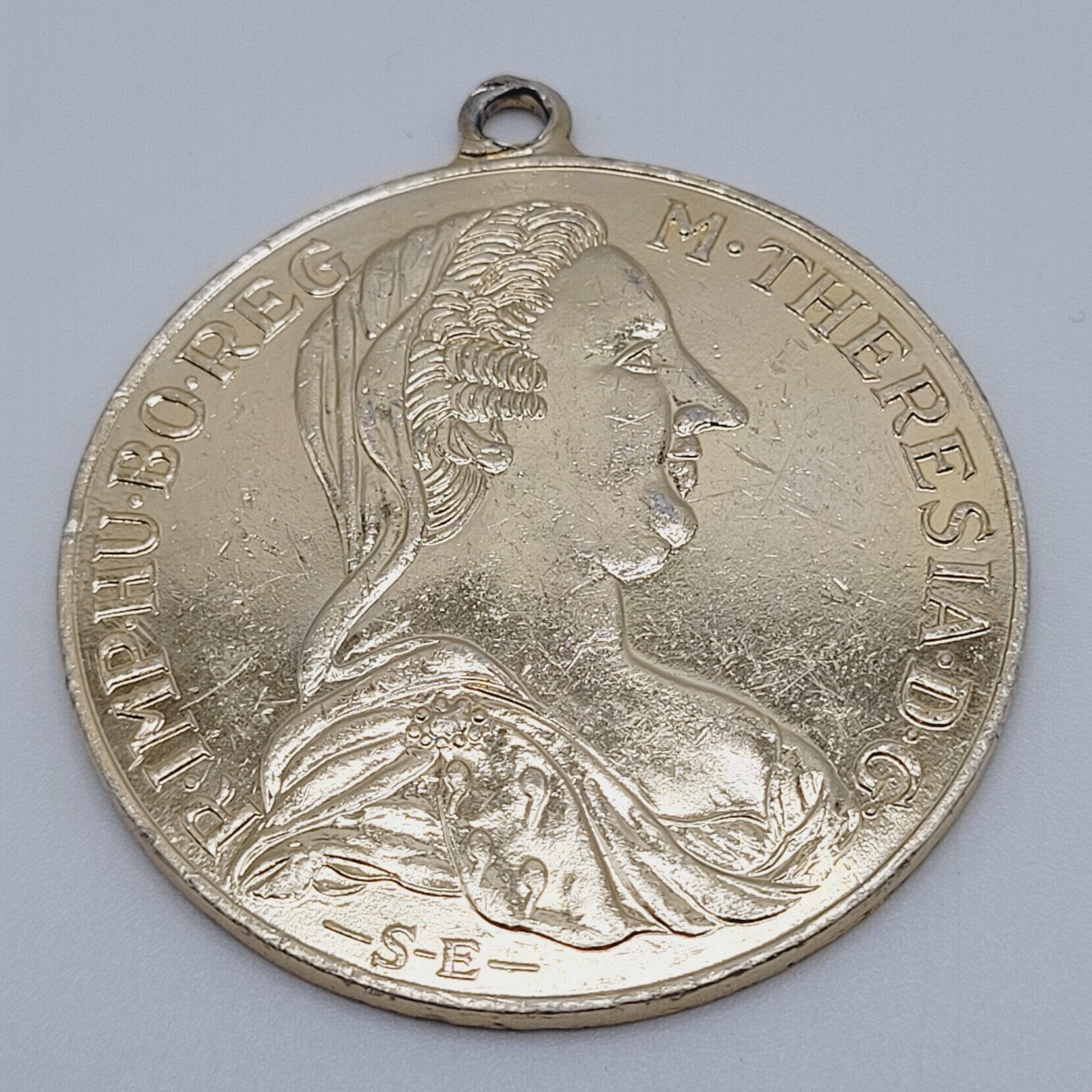 Maria Theresa Replica Token Medallion Coin Pendant Gold Tone Attached Bail