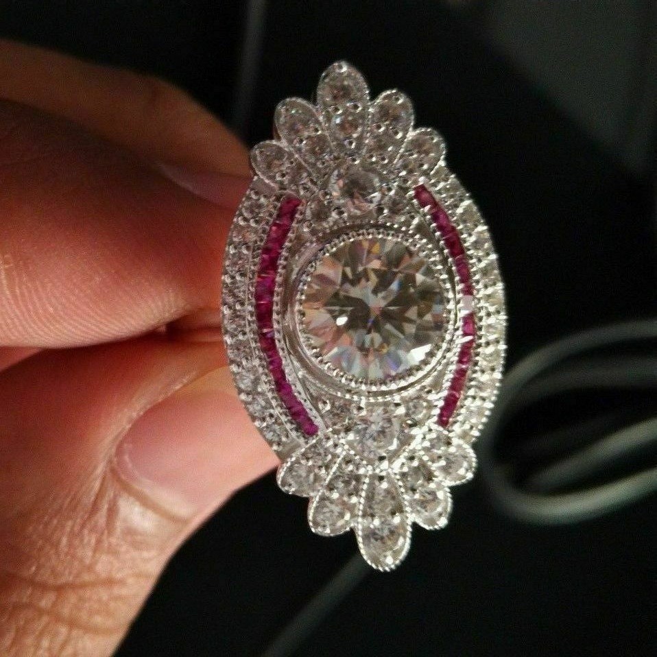 Round 3CT Lab Created Diamond Vintage Art Deco Red Ruby Accent Ring 14K Gold FN