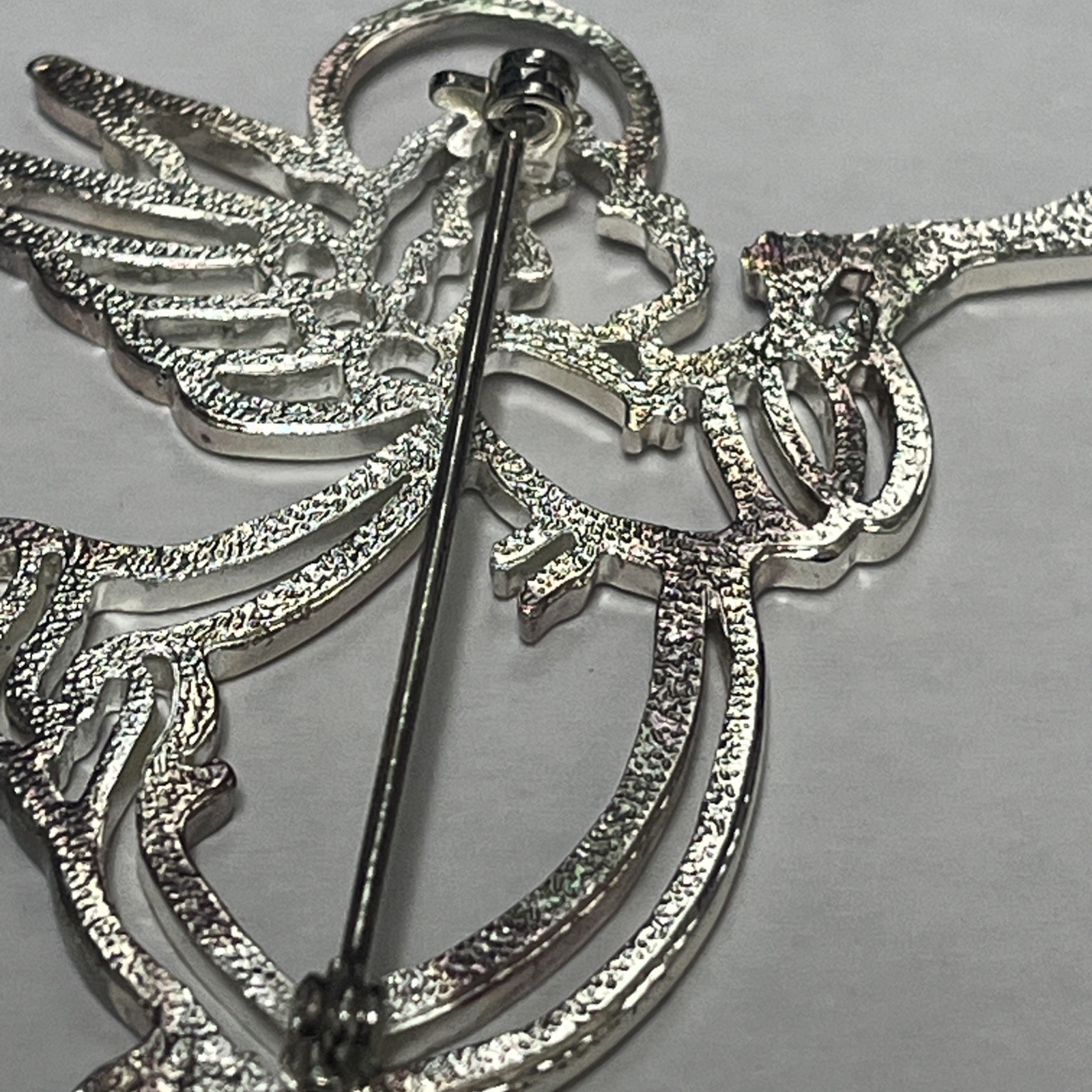 Vintage Silver Halo Angel With Wings & Blowing Trumpet Brooch Lapel Pin Costume