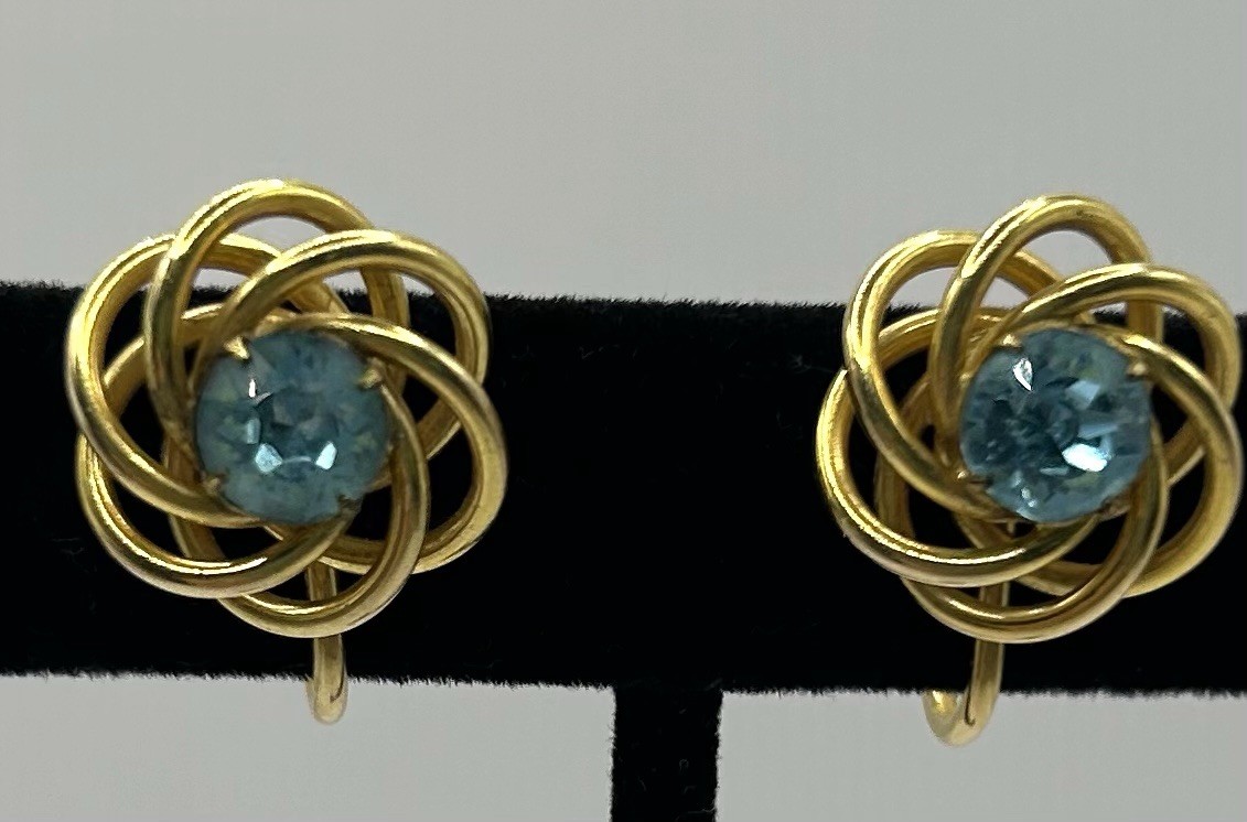 1/20 12k gold filled spiral love knot screw back blue rhinestone earrings