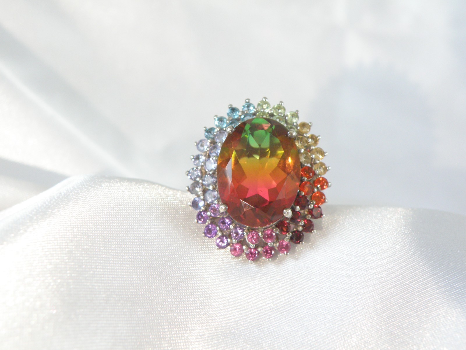 Large Sterling Silver 925 Watermelon Tourmaline Exotic Gemstone Statement Ring 8
