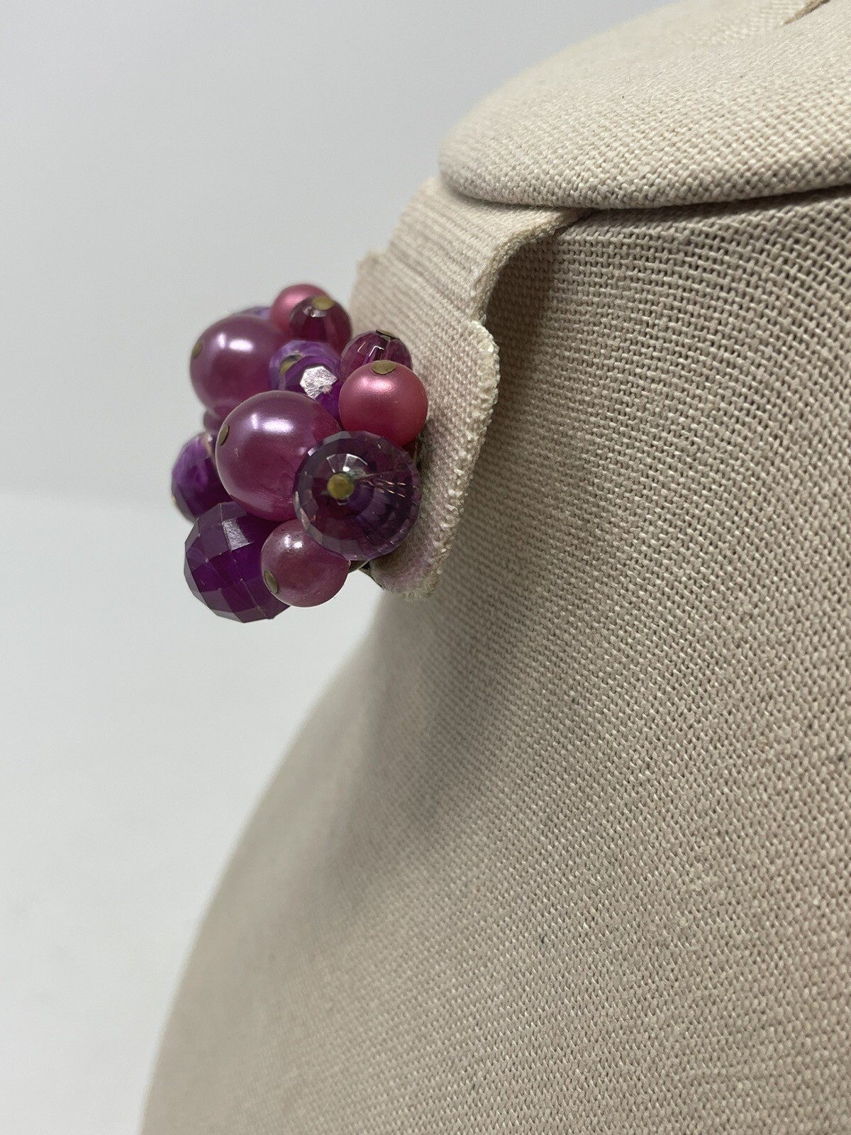 Vintage Zentall Purple Bead Cluster Clip On Earrings Faceted Crystal Faux Pearl