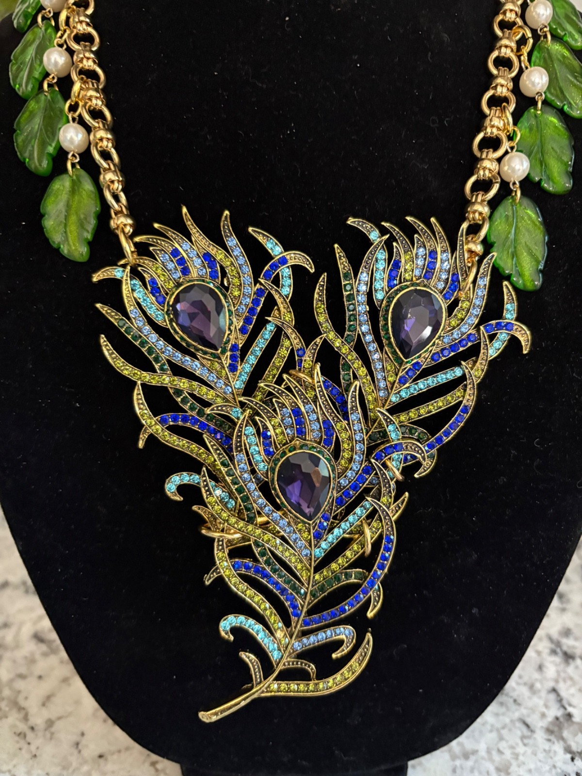 Triple Rhinestone Peacock Feather Statement Necklace-Repurposed & 1 of a Kind!
