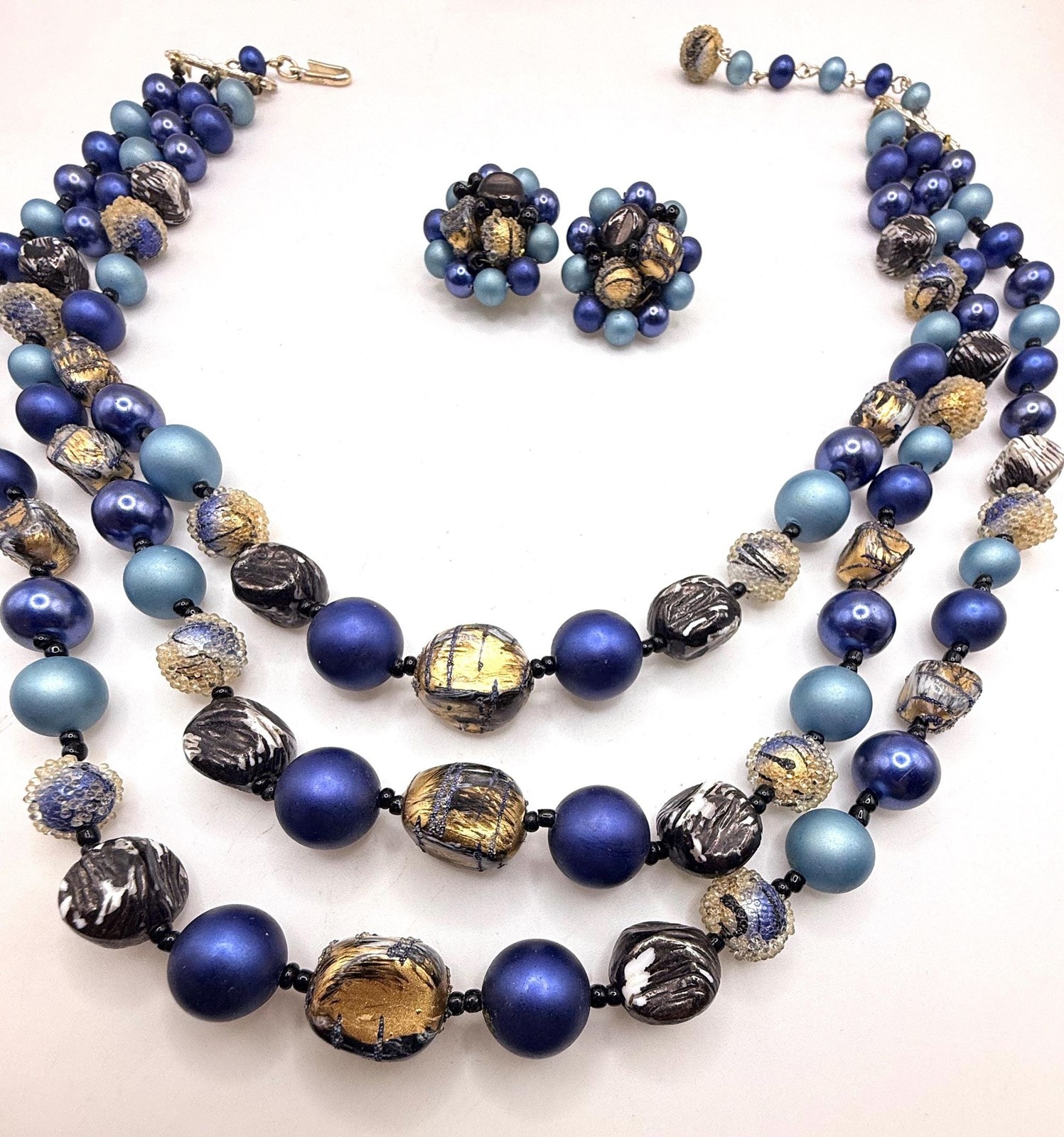 Vintage blue and gold two strand necklace and clip on earring set