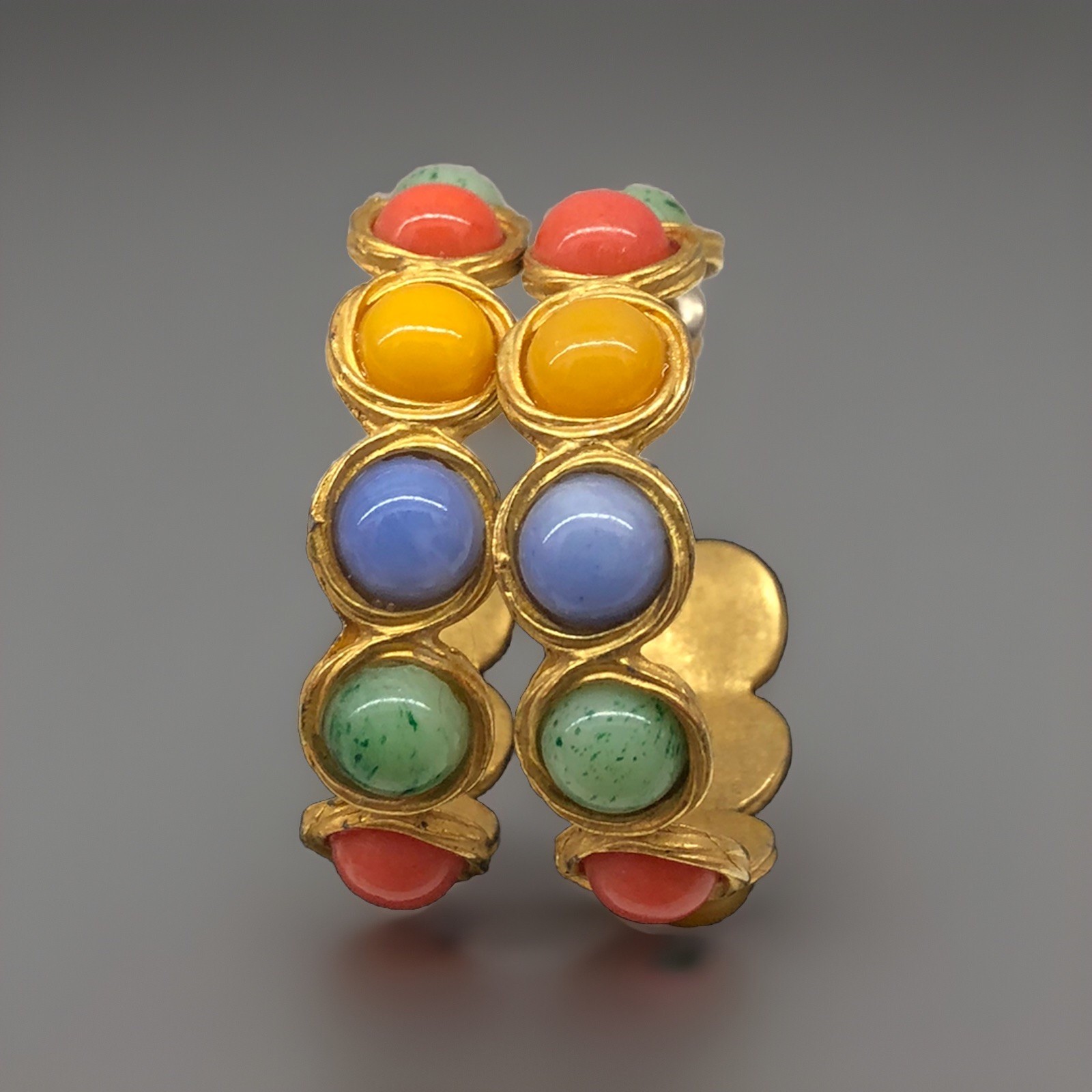 Vintage Multi Color Pastel Bead Cabochon Earrings Gold Tone 1.5” Pierced