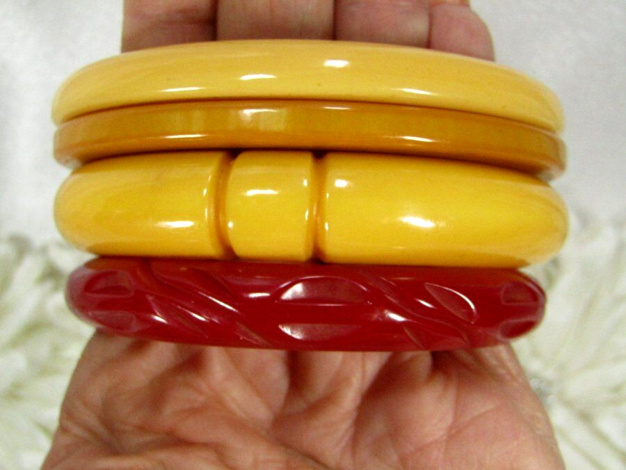 Vintage Bakelite Lot of 6 Pcs 4 Bangle Bracelet Some Carved Hoop Earrings Ring