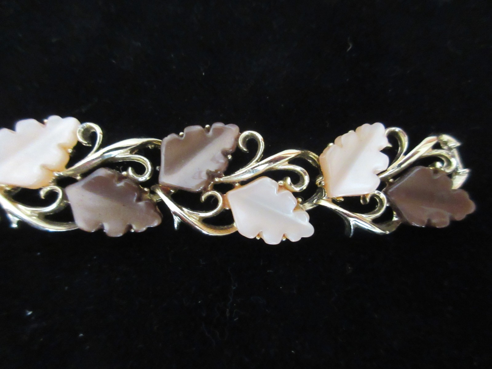 Vintage Gold Tone Bracelet with Moonglow Lucite Leaves, Brown and Tan, 1950-’60s