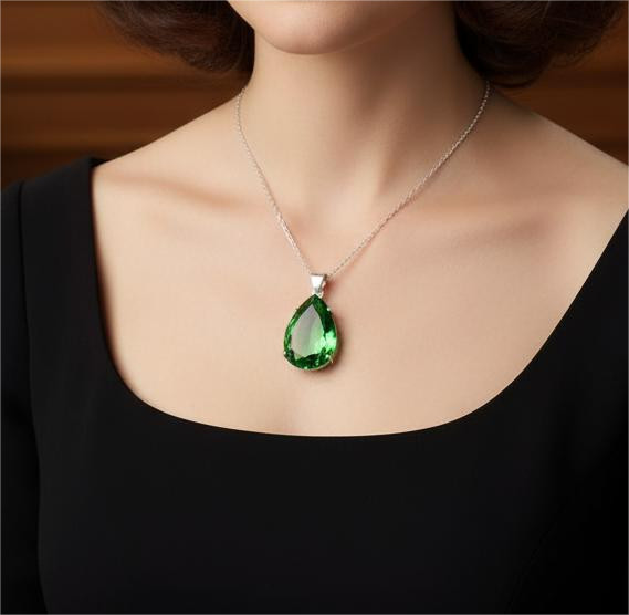 Emerald Pear Cut Sterling Silver Pendant Necklace: 70-80 Carat Gemstone