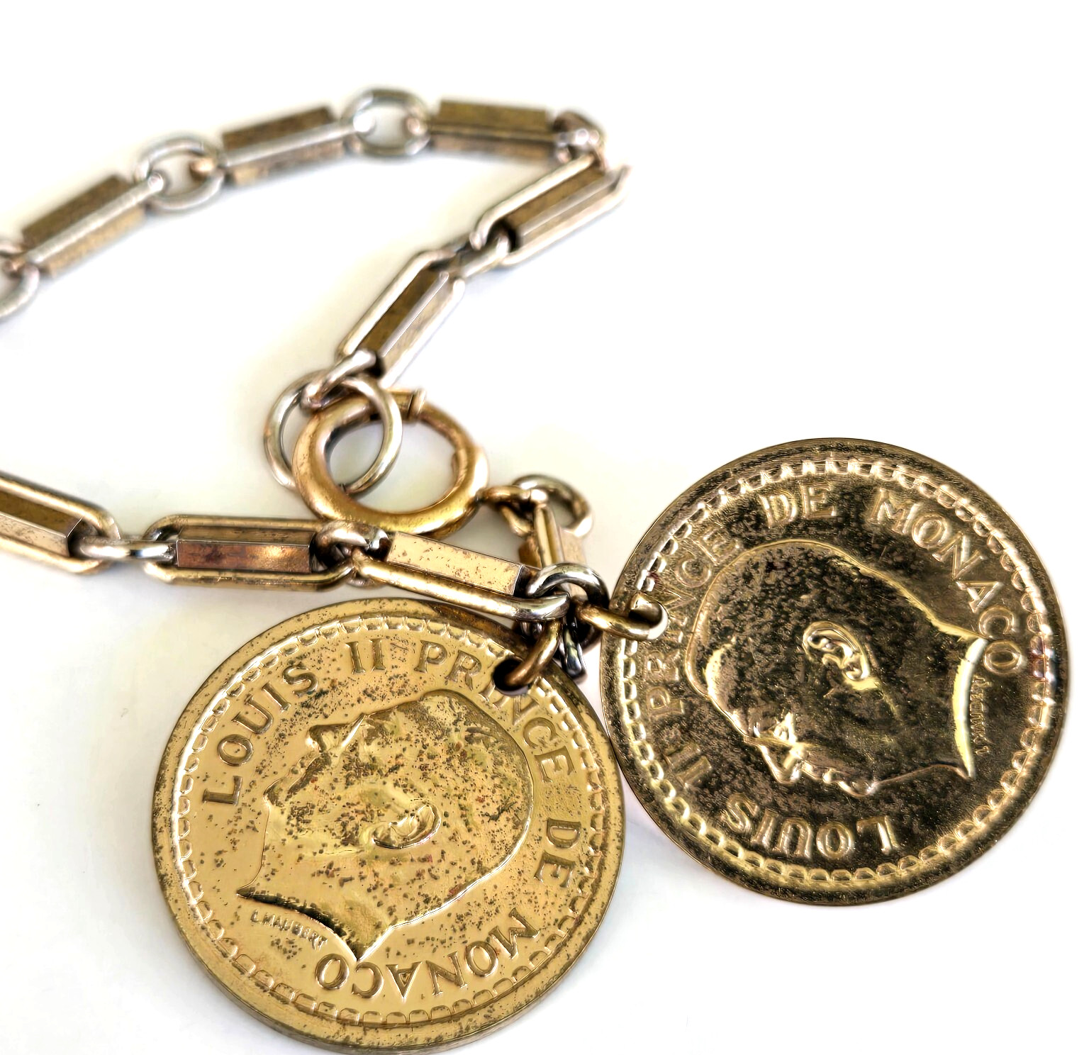 Vintage 1940s Fake French Coin Charm Gold Tone Split Bar Link Chain Bracelet 7″