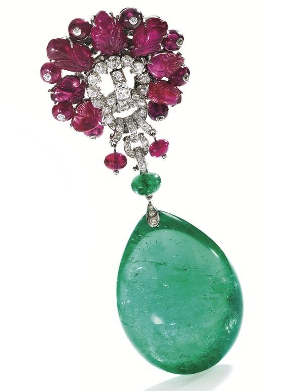 Carved Ruby and Emerald Brooch 925 Sterling Silver Handmade CZ Auction Jewelry