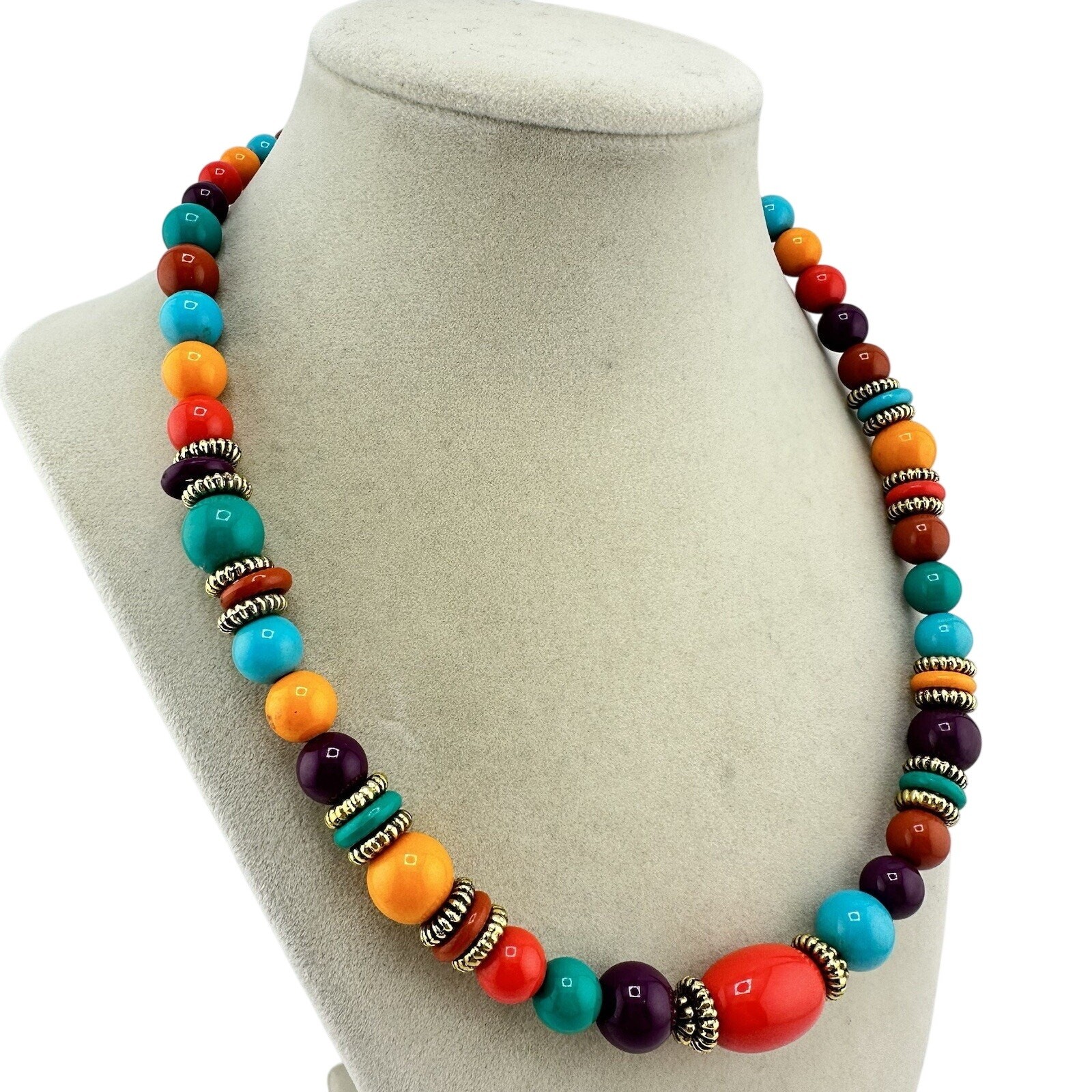 Vintage 1990s Rainbow Vivid Multicolor Acrylic Bead Gold Tone 19” Necklace