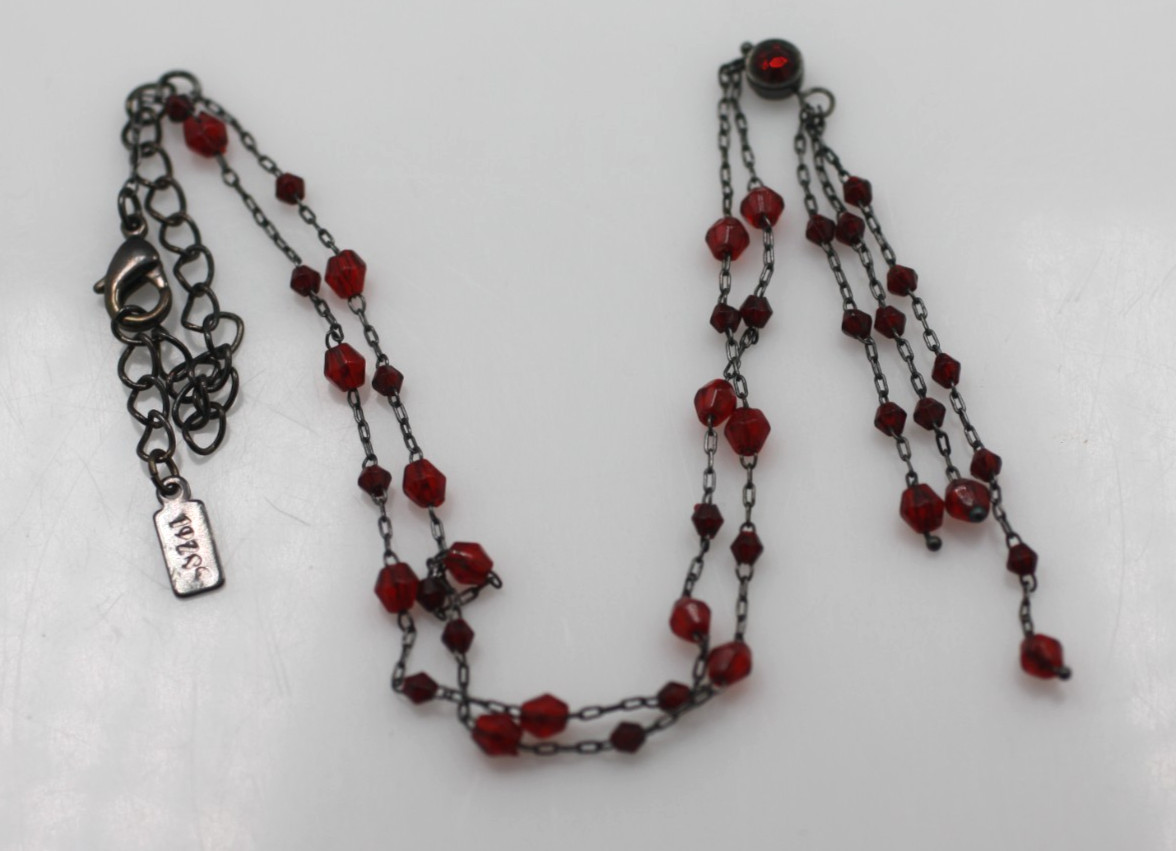 1928 brand gun metal finish red beads delicate chain necklace 15-17″ Y drop