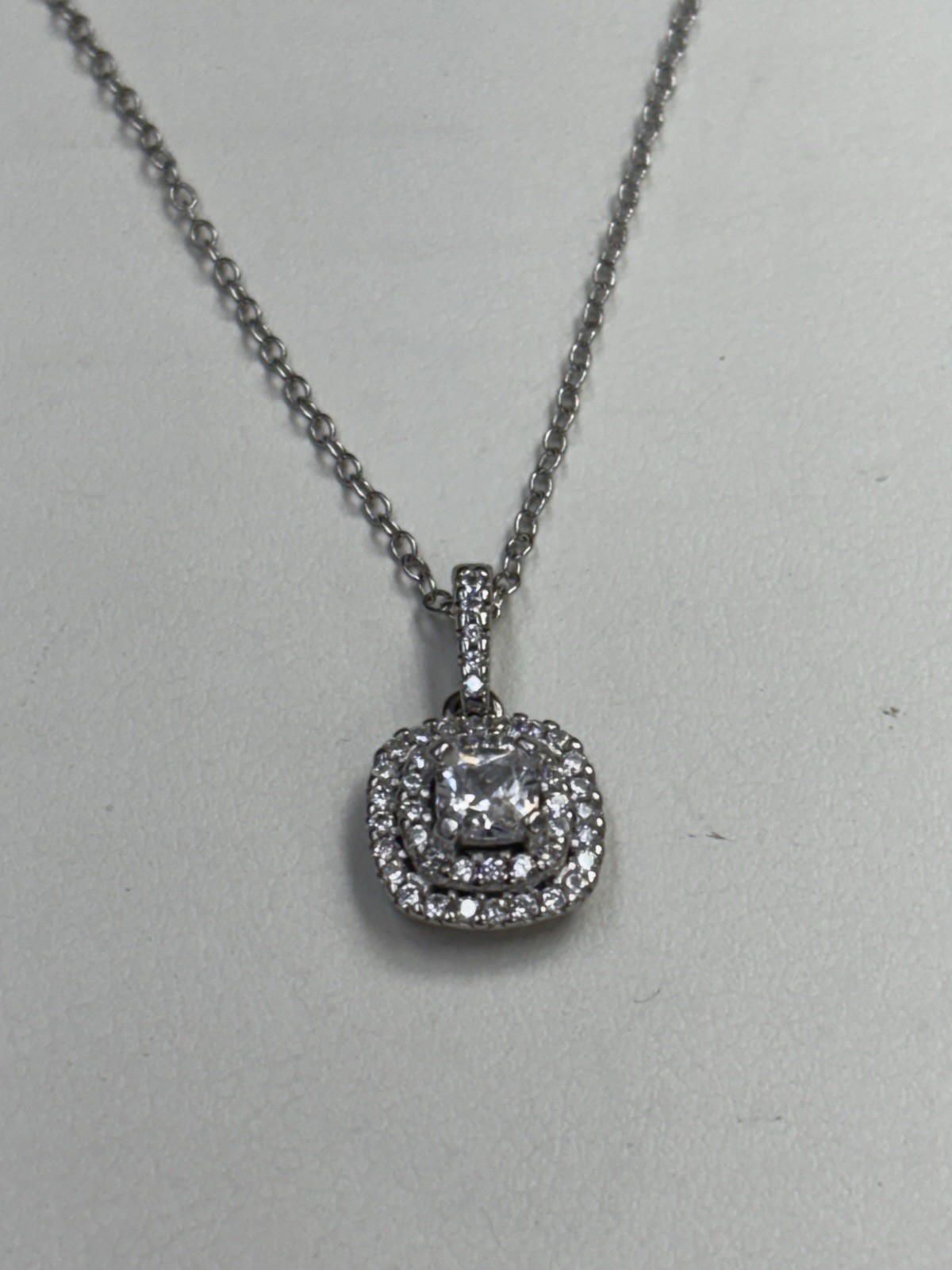 Sterling Cushion Cut CZ Double Halo Style Pendant Necklace 16-18”