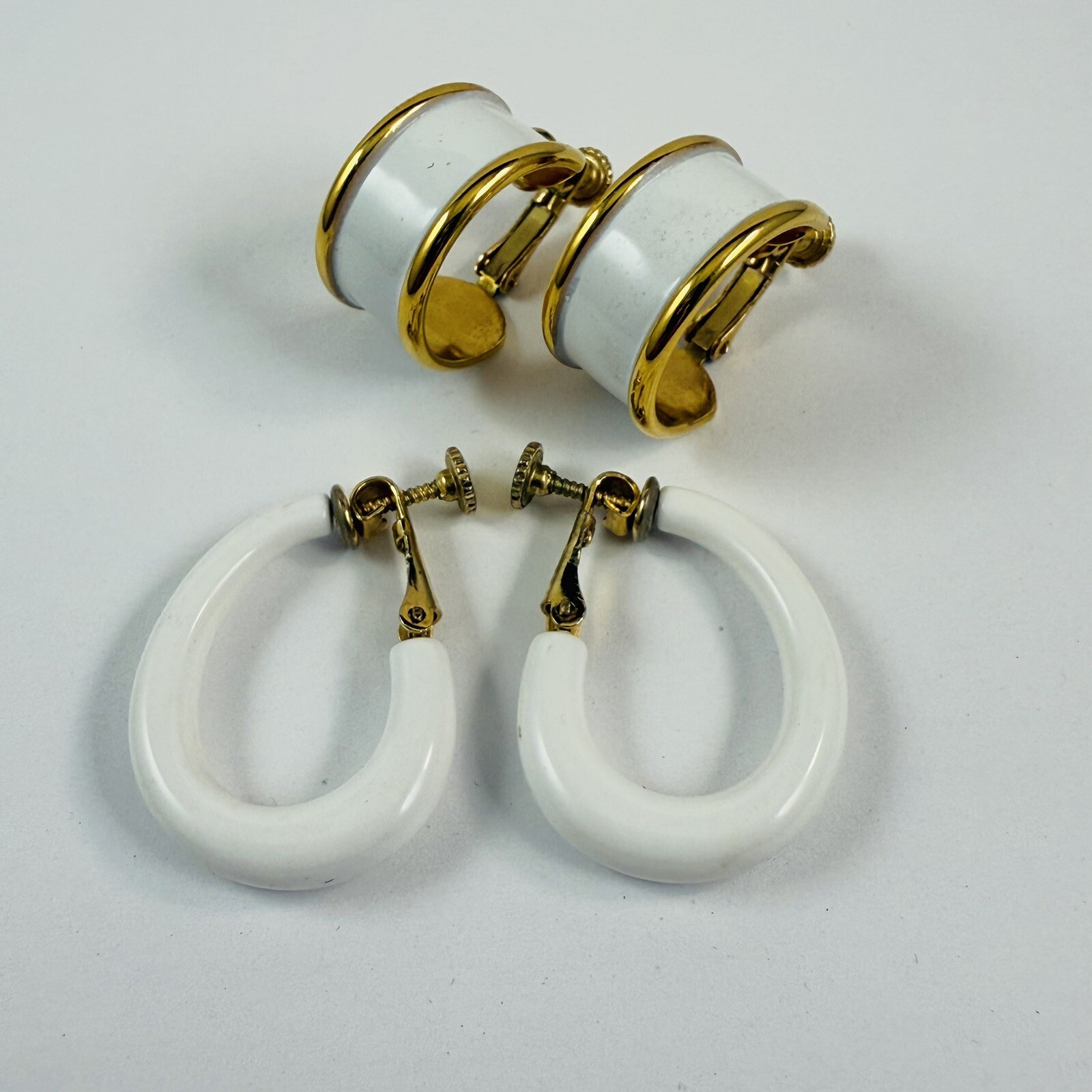 Vintage Two Pair of NAPIER Signed White Adjustable Clip on Earrings Gold Tone