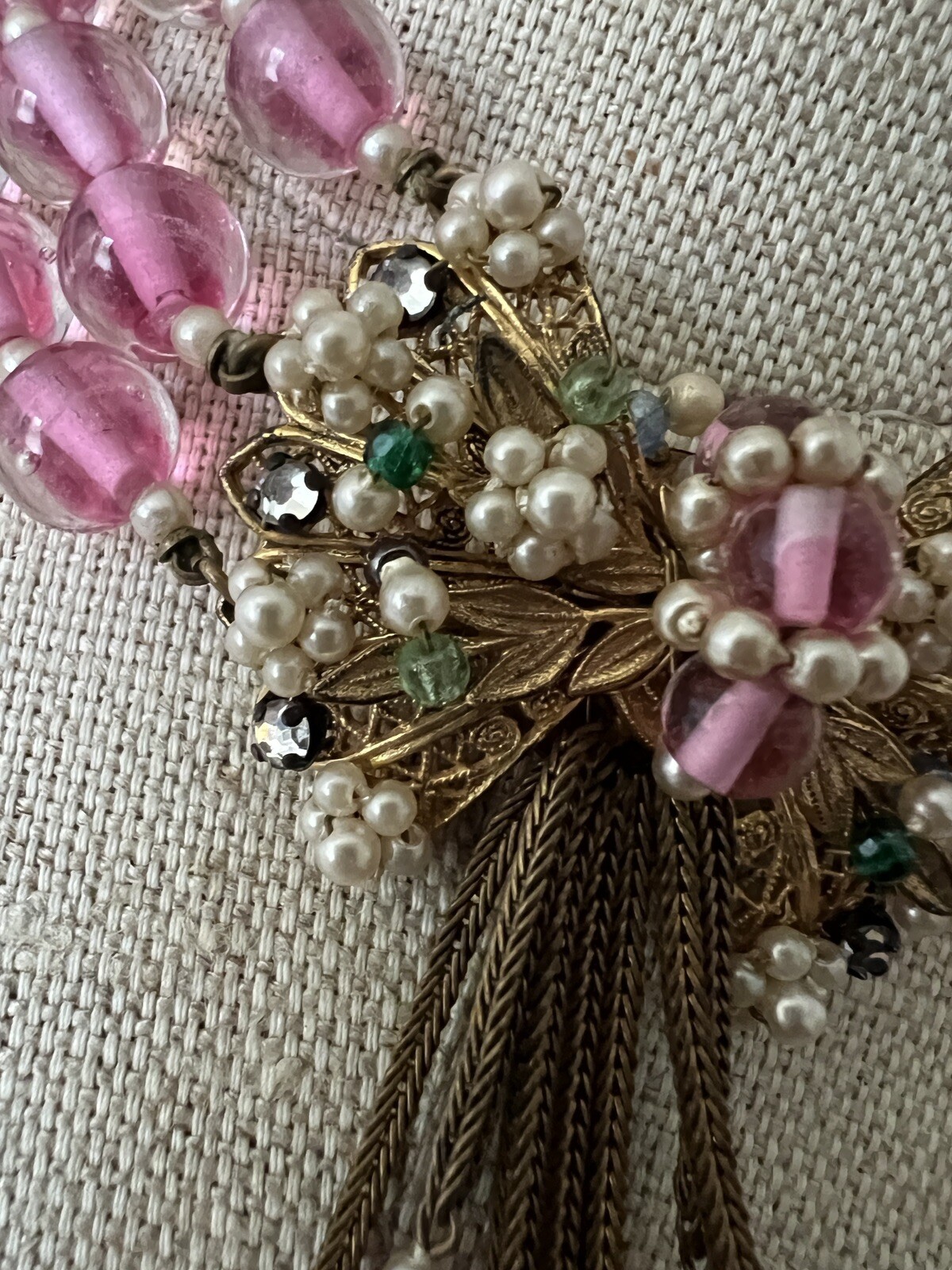 Early Miriam Haskell 3 Strand Pink Glass Festoon Necklace Faux Pearl Rose Monteé