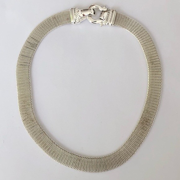Silver Tone Choker Necklace Magnetic Mesh Buckle