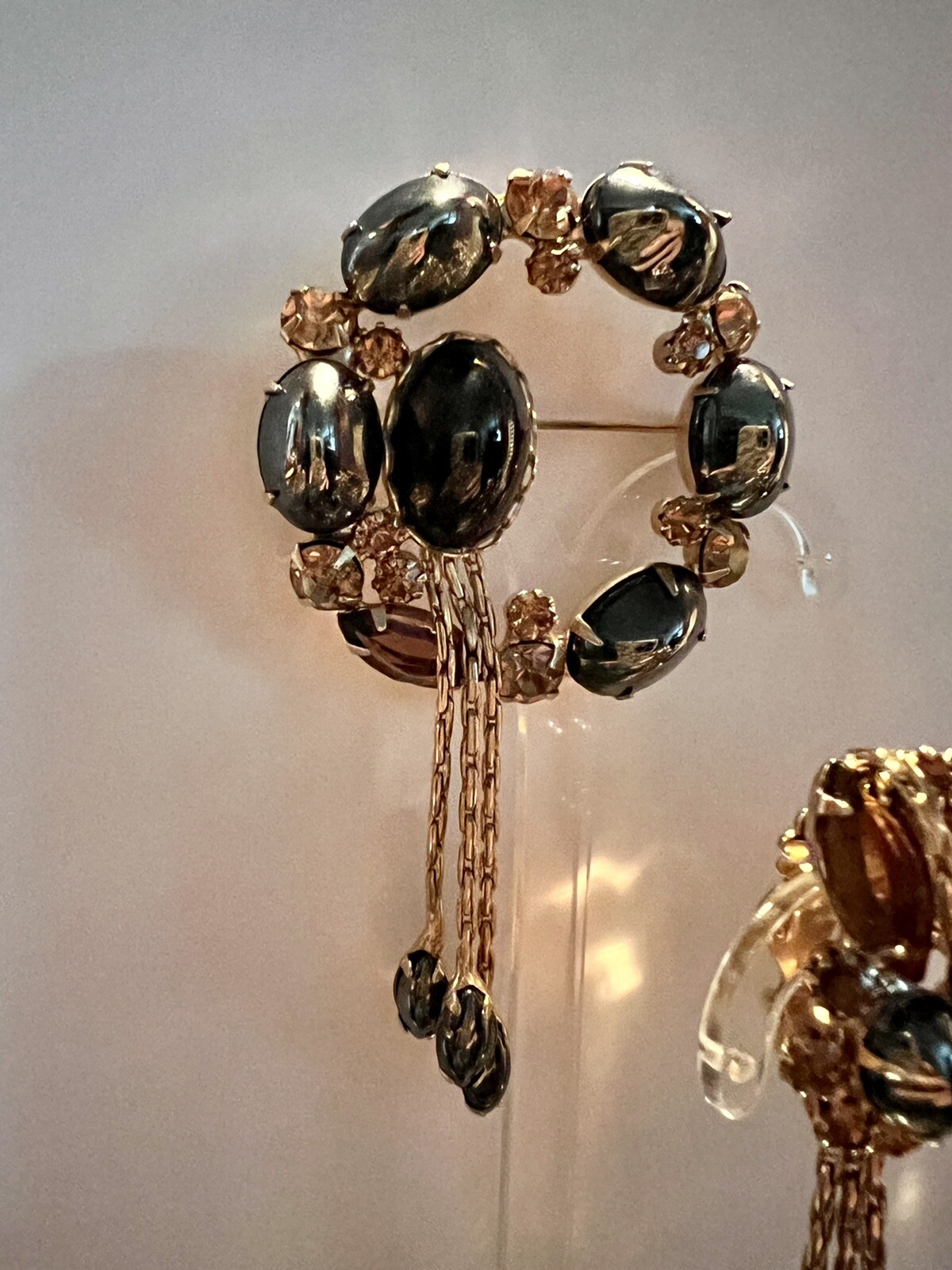 Rare D&E Juliana Hematite Topaz Dangling Chain Rhinestone Drops Brooch Earrings